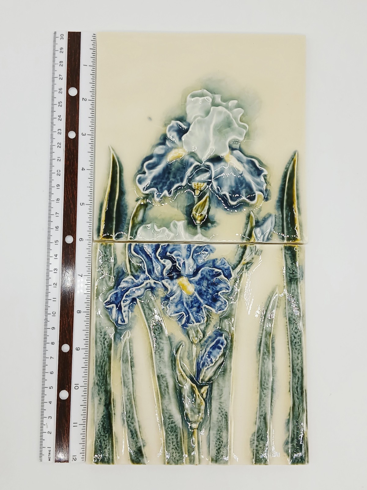 Set of 2 Pratt & Larson 6″ x 5 7/8″ x 3/8″ Embossed Iris Flower Tiles