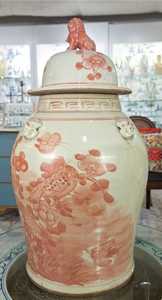 Vintage Reproduction Light Red Bird Warrior Porcelain Temple Jar-12” x 24”H