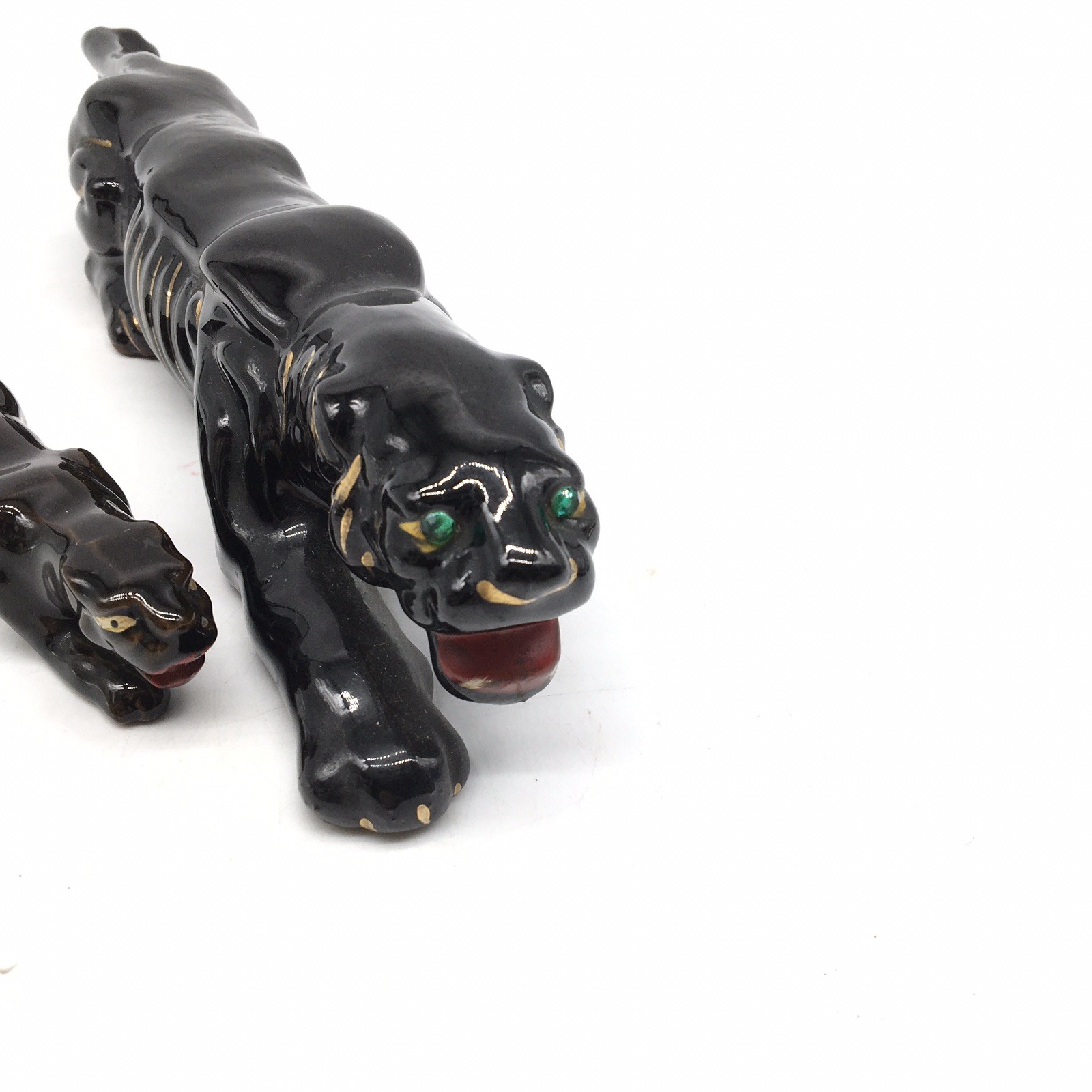 2 MCM Pottery Stalking Black Panther Green Jeweled Eyes `12” And 5.5” Redware