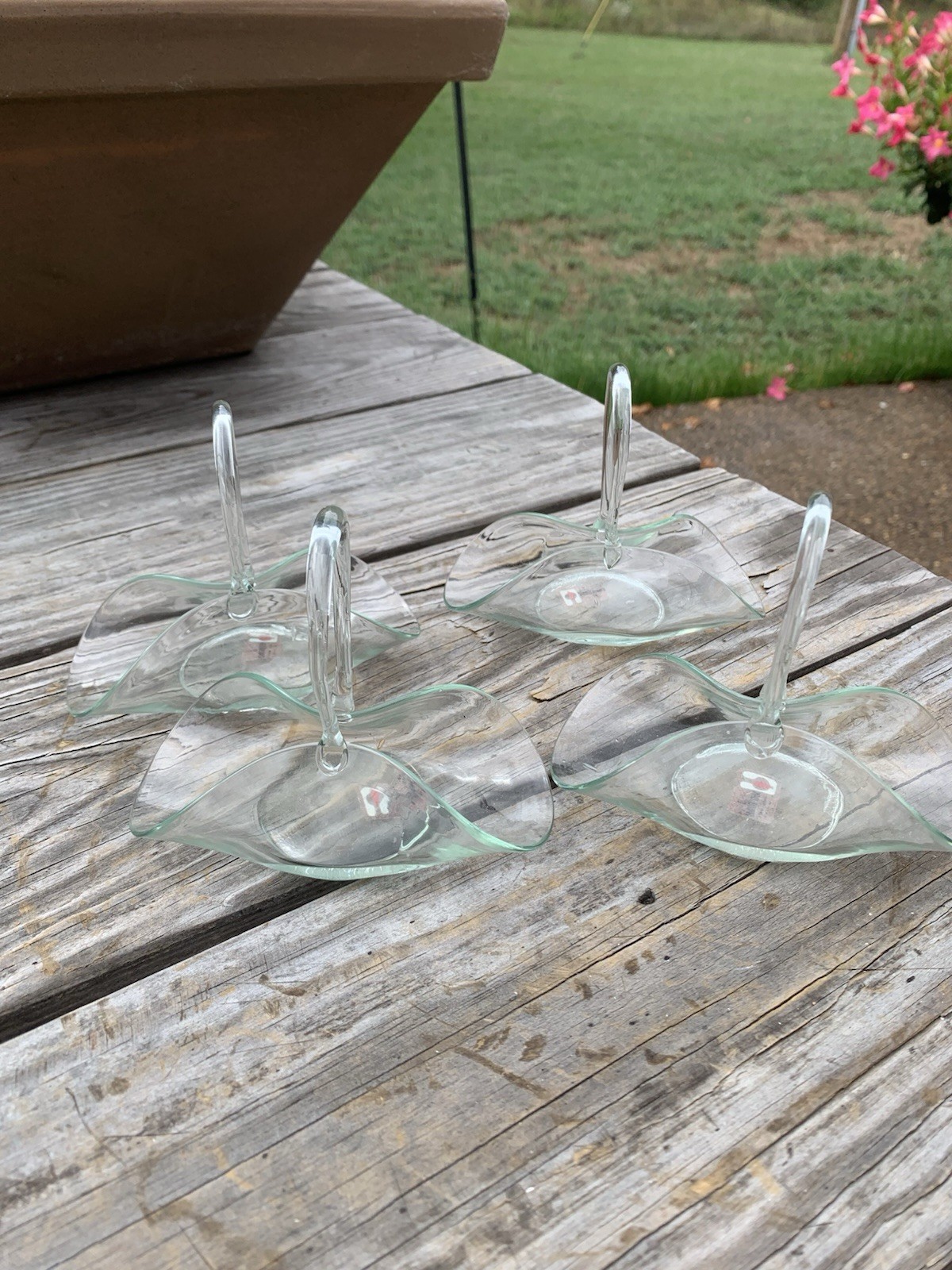 Vtg Art Glass Clear Green Recycled Basket Pinched Style La Mediterranean Spain