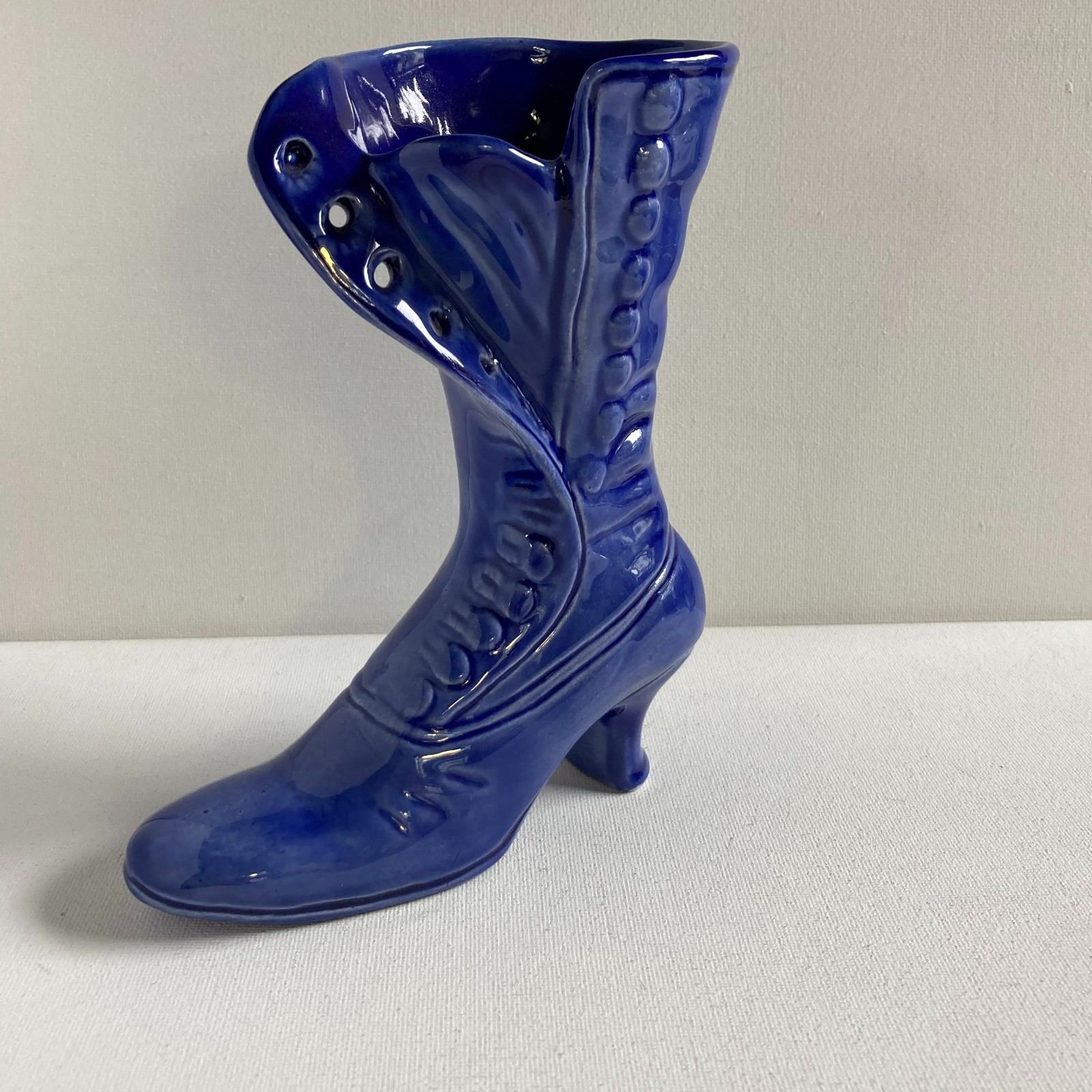 Pottery Vase in the shape of a button up Victorian shoe Blue signed 6.5″