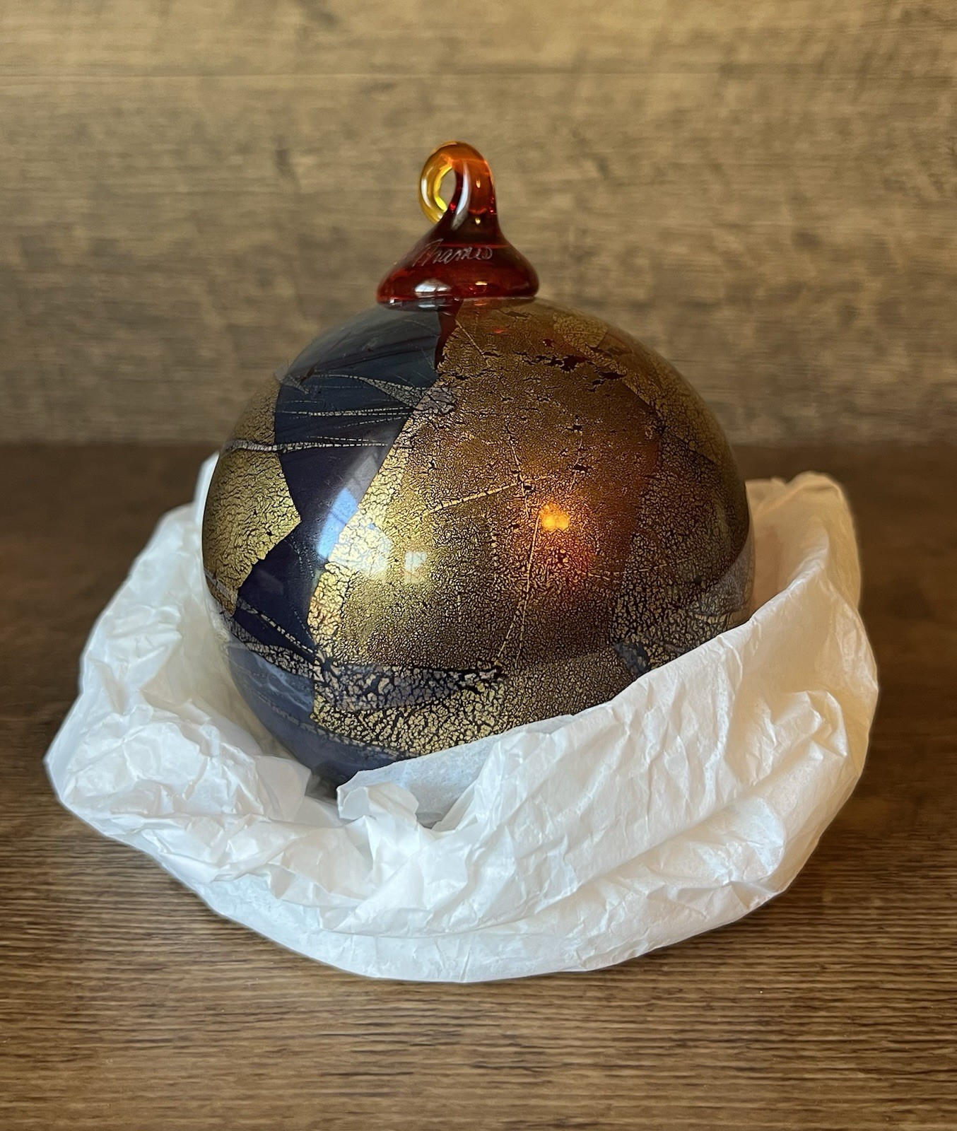 VTG Handblown Glass Ornament Shimmery Crackled Metallic Gold Blue Red Signed