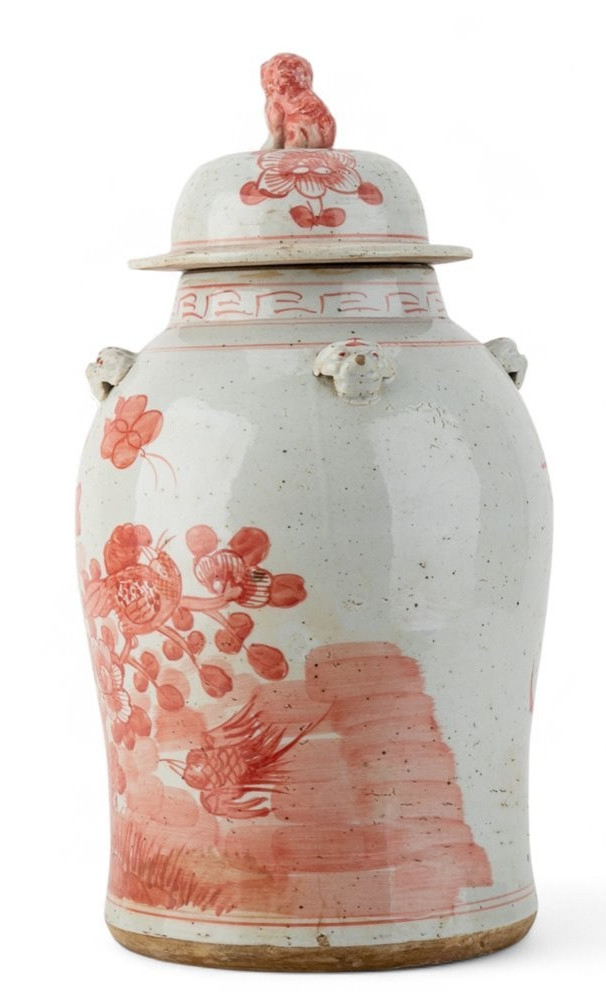 Vintage Reproduction Light Red Bird Warrior Porcelain Temple Jar-12” x 24”H