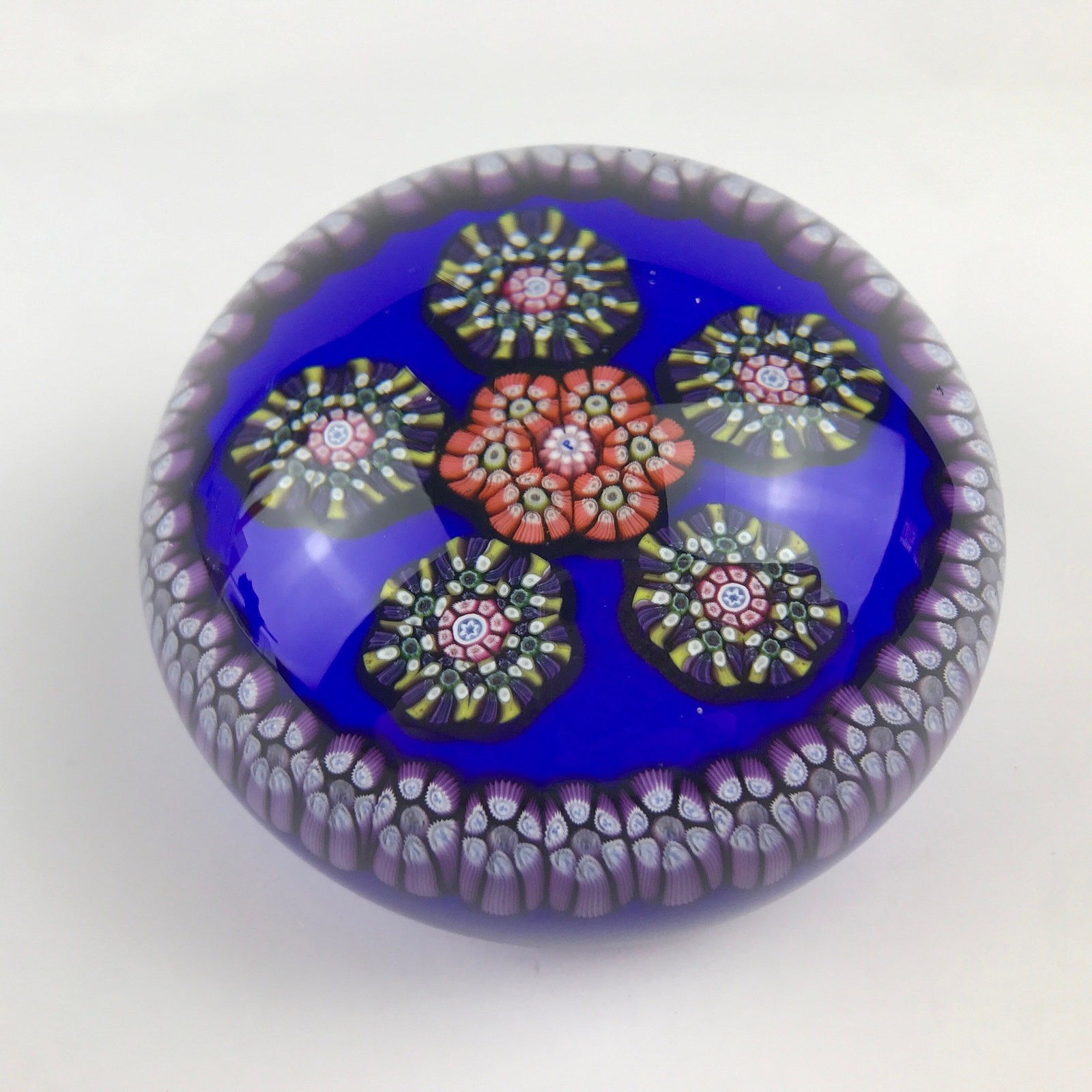 Perthshire 1975C Millefiori Circlets Cane Clusters Ring Blue Ground Paperweight