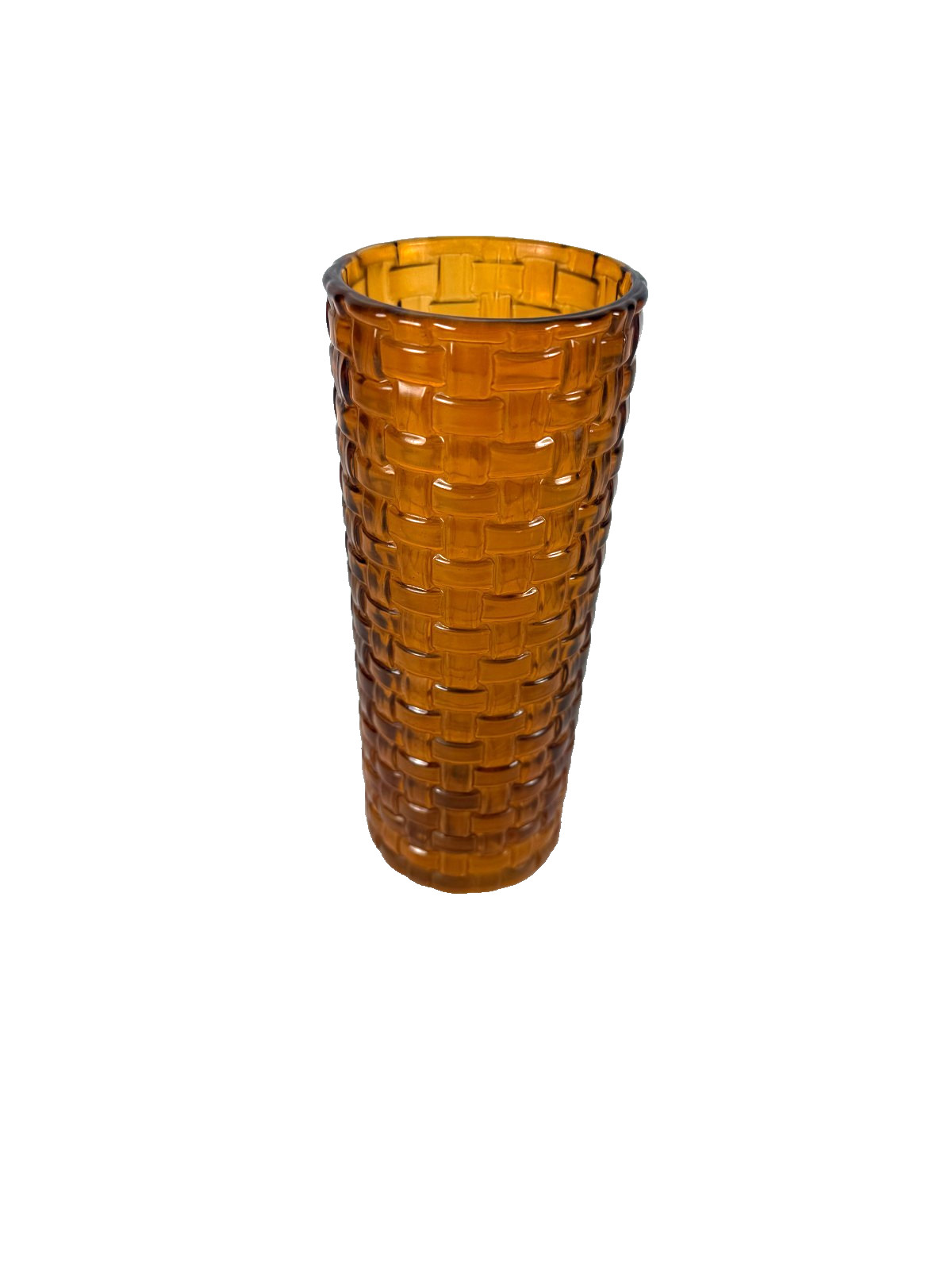 Vintage Indiana Glass Amber Vase Cubist Block Basket Weave Design 3″RD x 8″H
