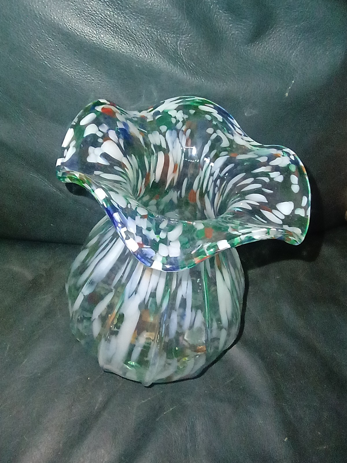 Art Glass Vase Ruffle Top Vase Blue Green Orange 8″ End of Day Colorful Medium