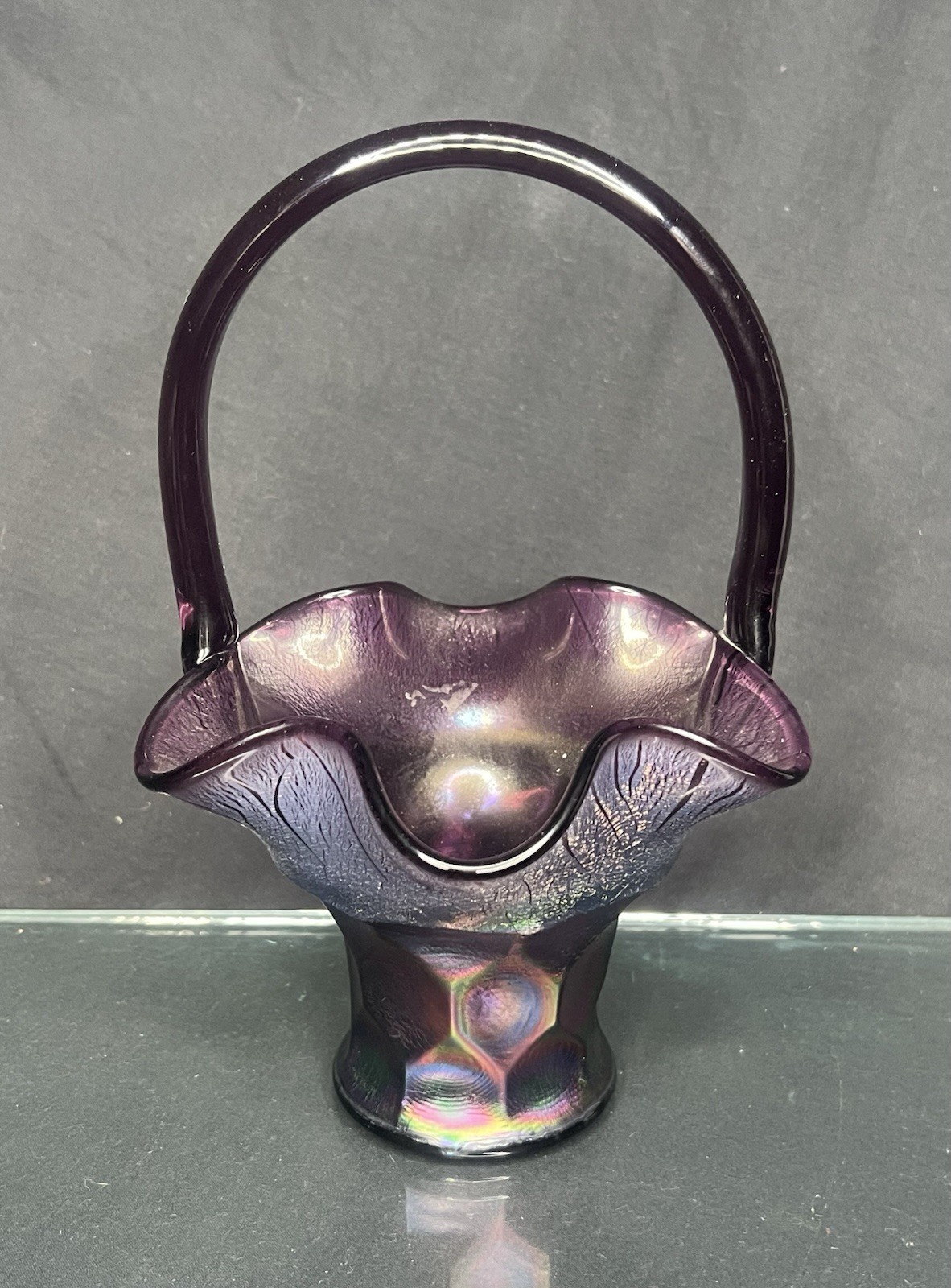 Vtg Fenton Amethyst Carnival Glass Lotus and Diamond Basket Ruffled Handle 8”