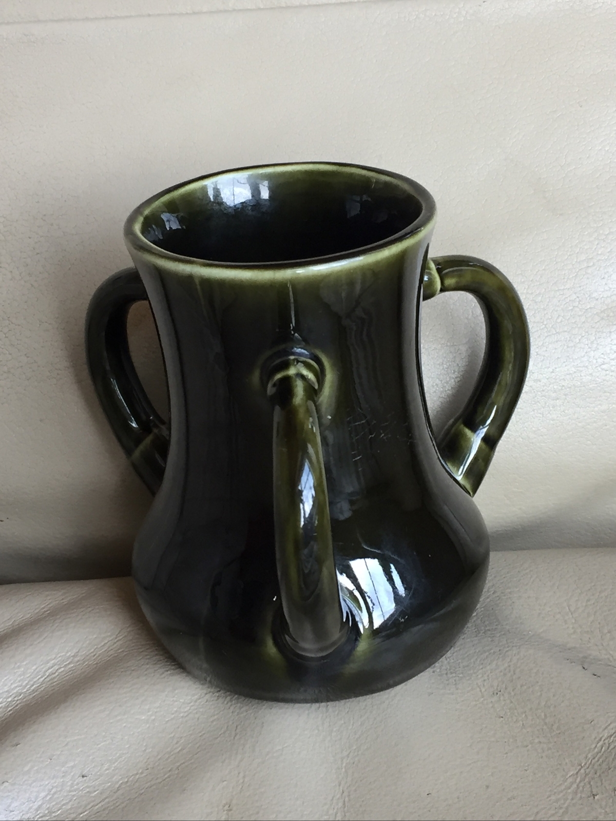 ANTIQUE HAMPSHIRE ARTS CRAFTS POTTERY 3 HANDLED DARK OLIVE GREEN MISSION VASE 5”