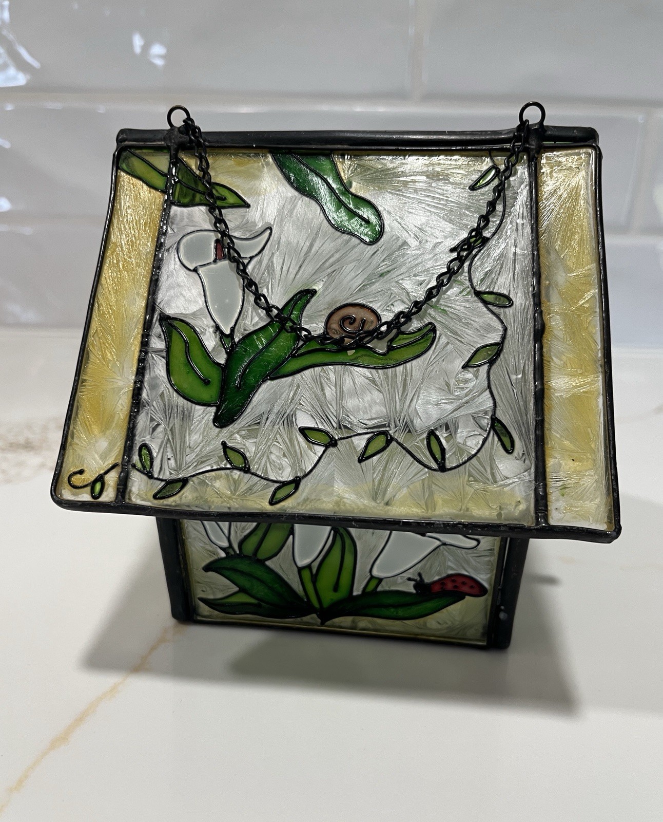 Painted Glass Birdhouse Suncatcher with Calla Lily & Humming Bird Motif