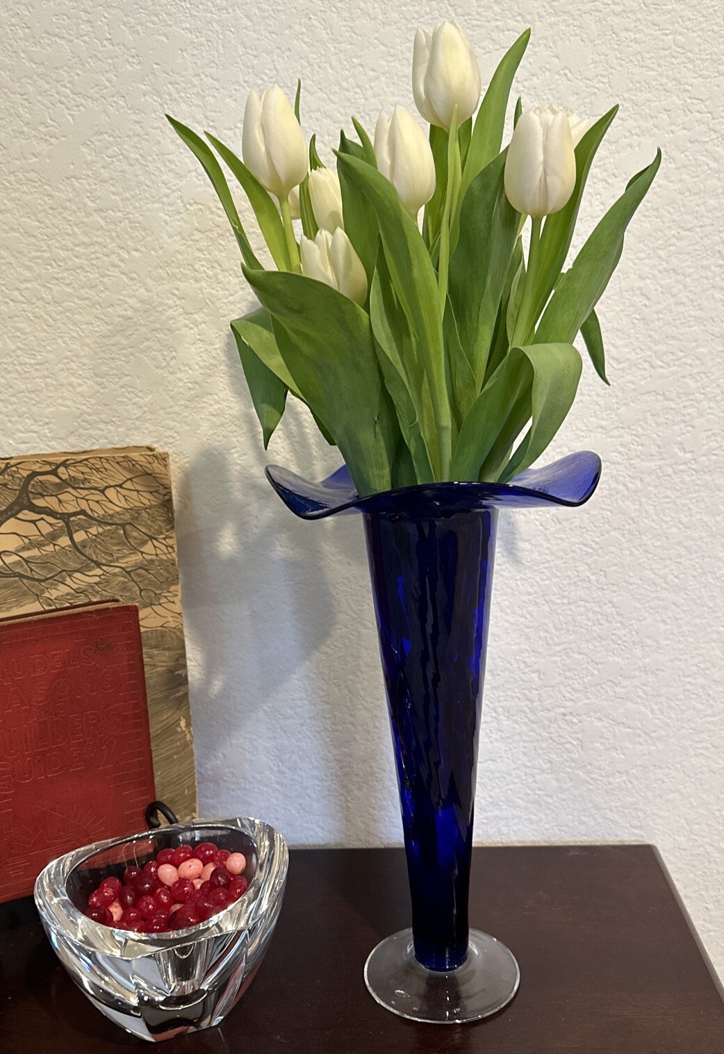 Handcrafted Cobalt Blue Blown Glass Swirl Lily Vase With Clear Base & Bubbles