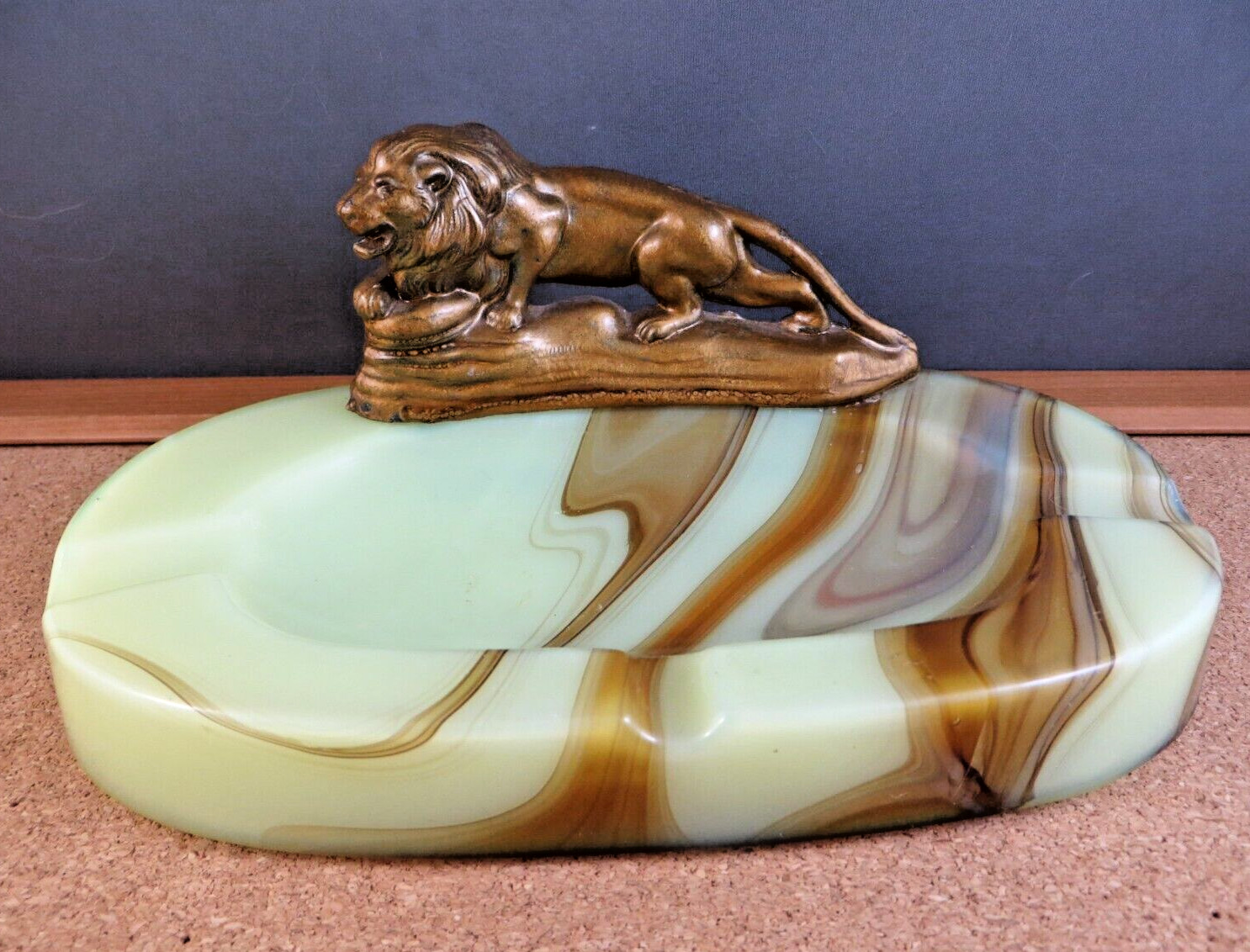 Antique Art Deco Gold Enamel Metal Lion Figurine Swirl Stripe Slag Glass Ashtray