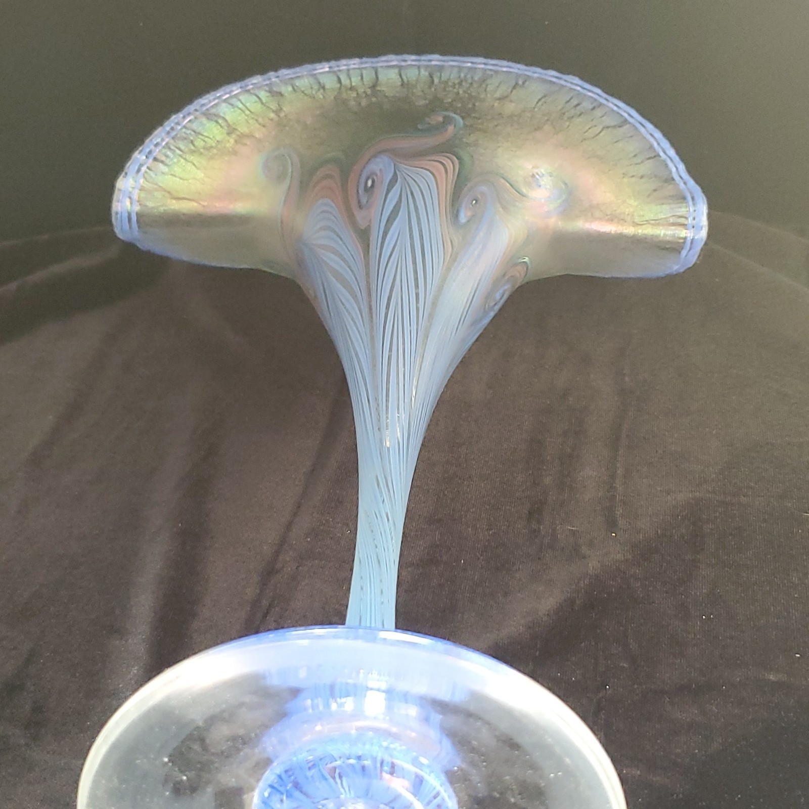 Vandermark Signed Blue Iridescent Art Glass Fan Vase w/ Pedestal Base. 13 3/4 in