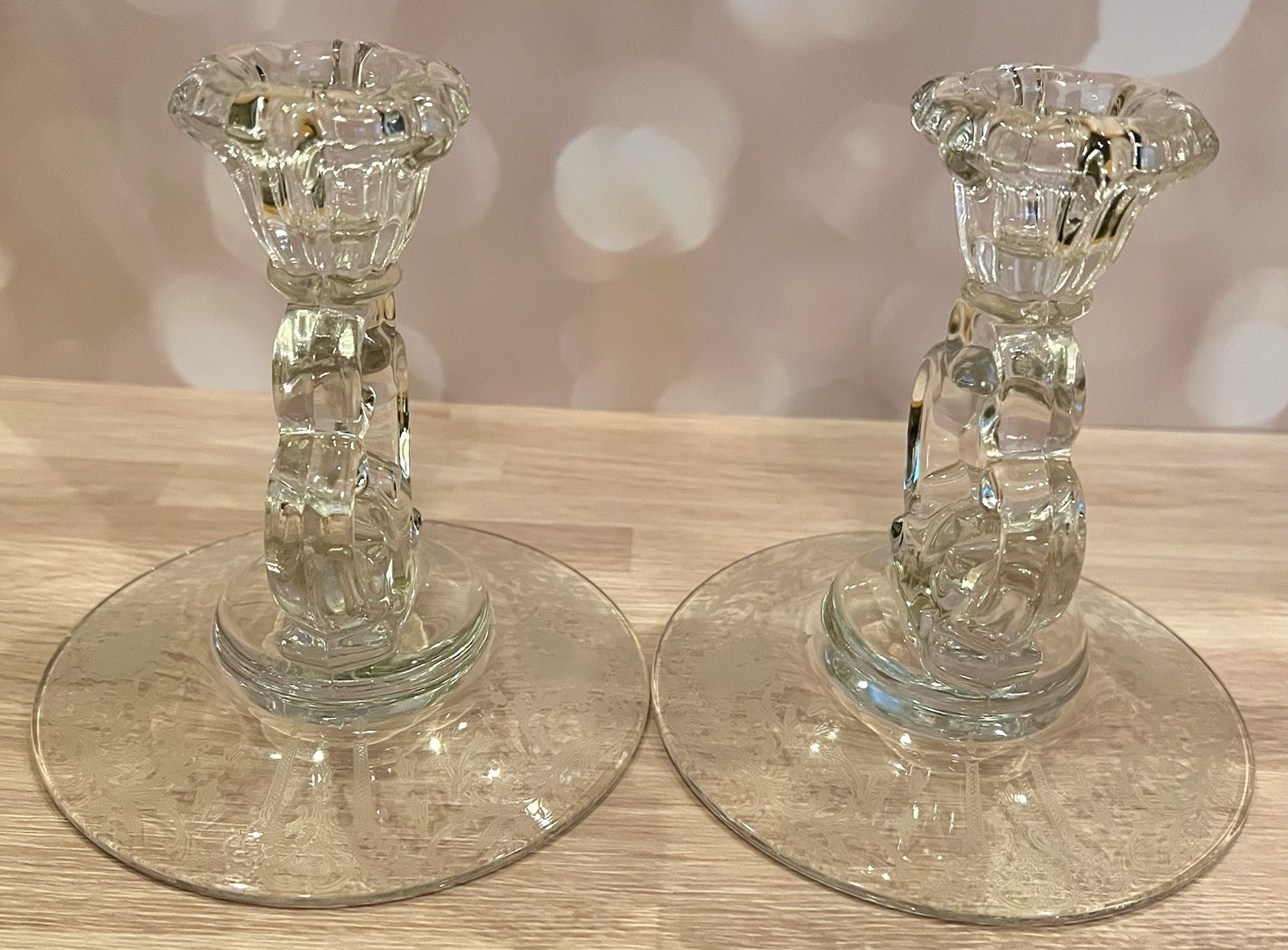 Pair Antique Cambridge Glass Keyhole Candlesticks Diane Pattern Etched