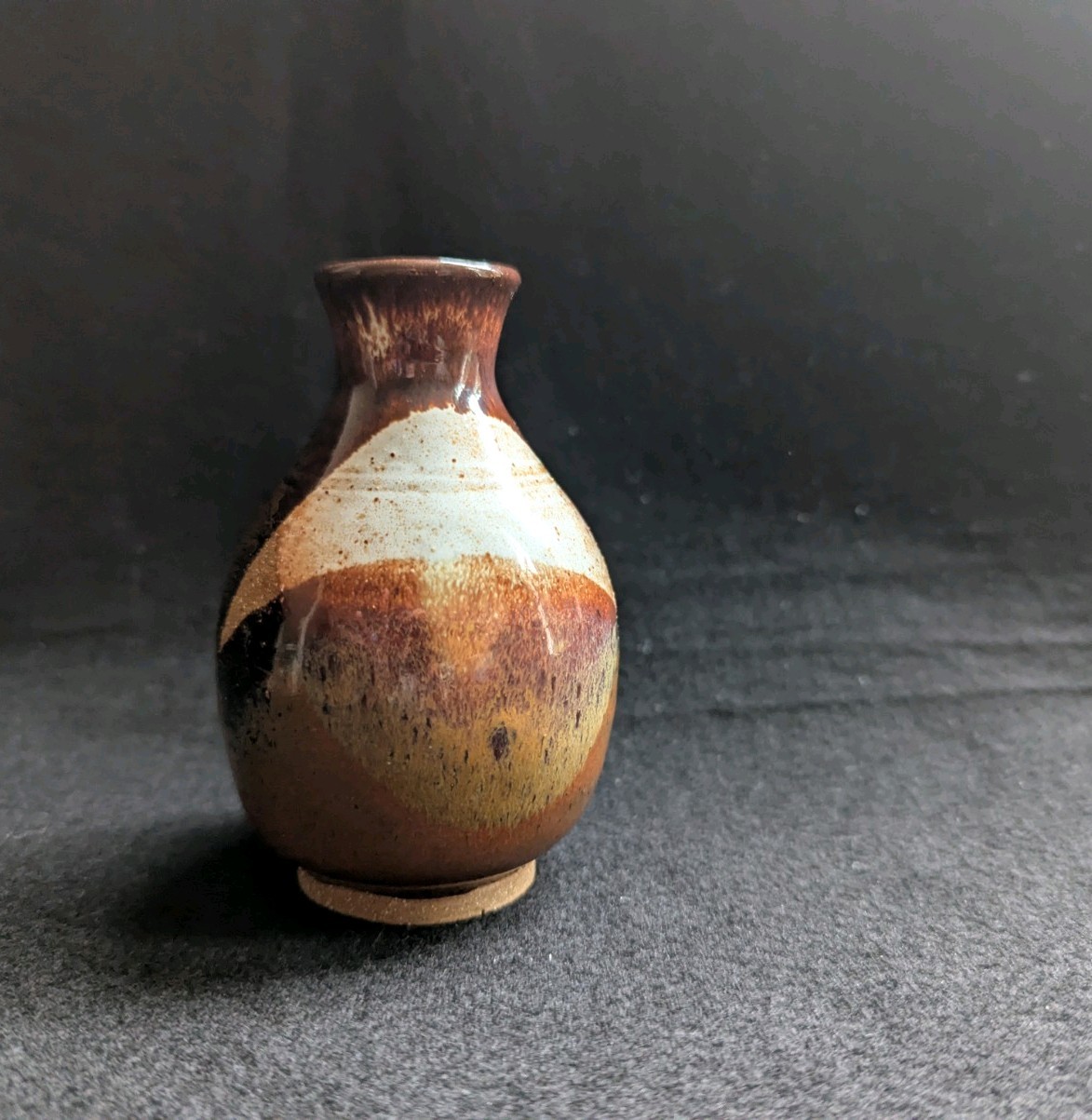 Small Studio Pottery Vase, Brown and Cream Glaze, Hand Signed on the Bottom, 4 “