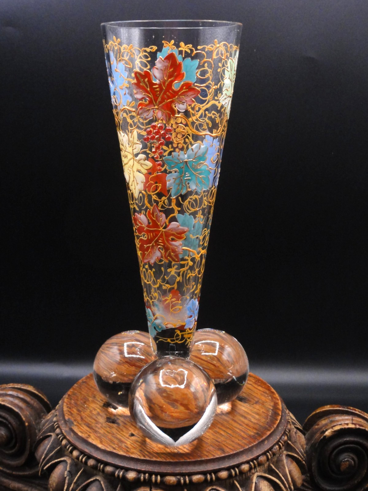 Antique Harrach Art Glass Vase w/ Moser Hand Painted Enamel + Bead Grape Leaves