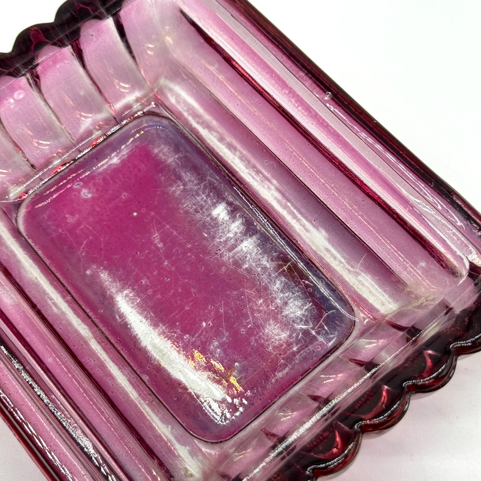 Vintage Ashtray Trinket Rectangular Glass Dish Pinkish Purple Color Ribbed Sides