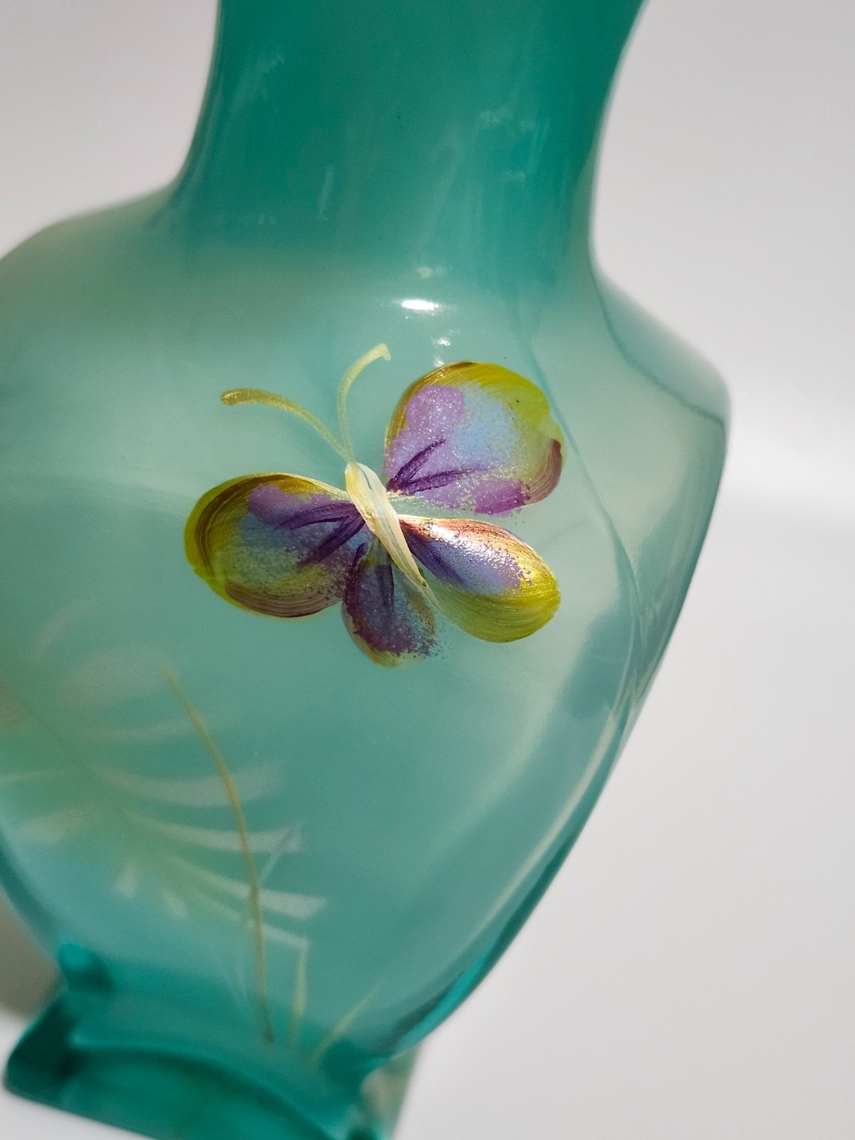 Fenton hand painted robins egg opalescent blue square vase with butterfly