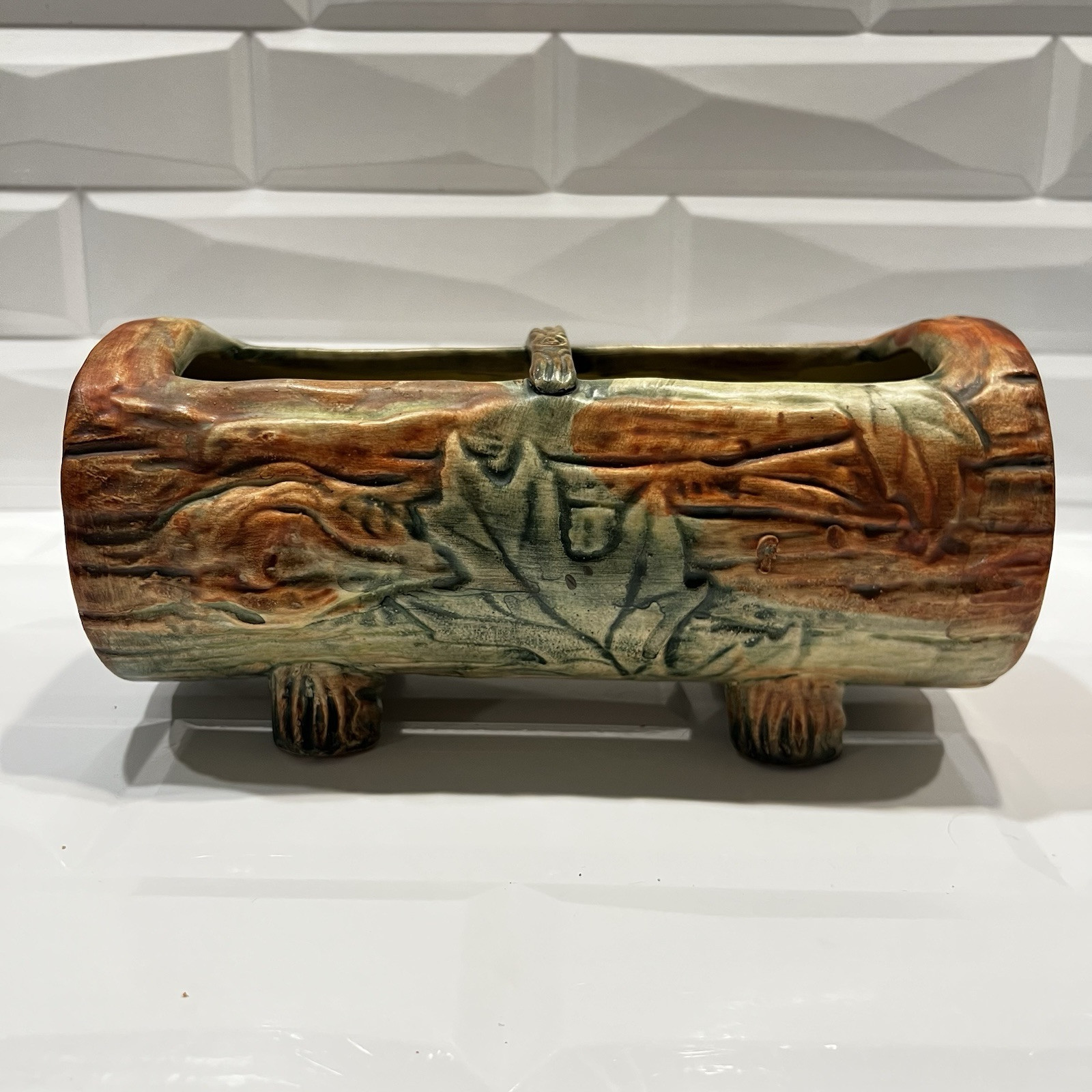 Weller Woodcraft Log Pottery Oak Leaf Log Shaped Ceramic Planter Centerpiece