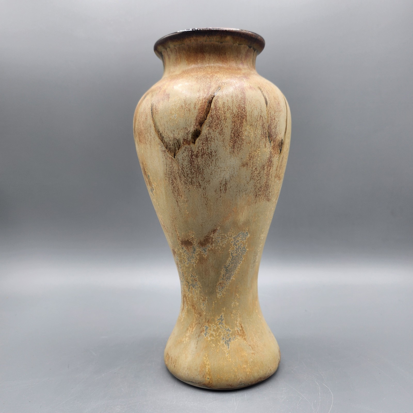 Vintage Signed Stoneware Art Pottery Vase Tan Brown Drip Glaze
