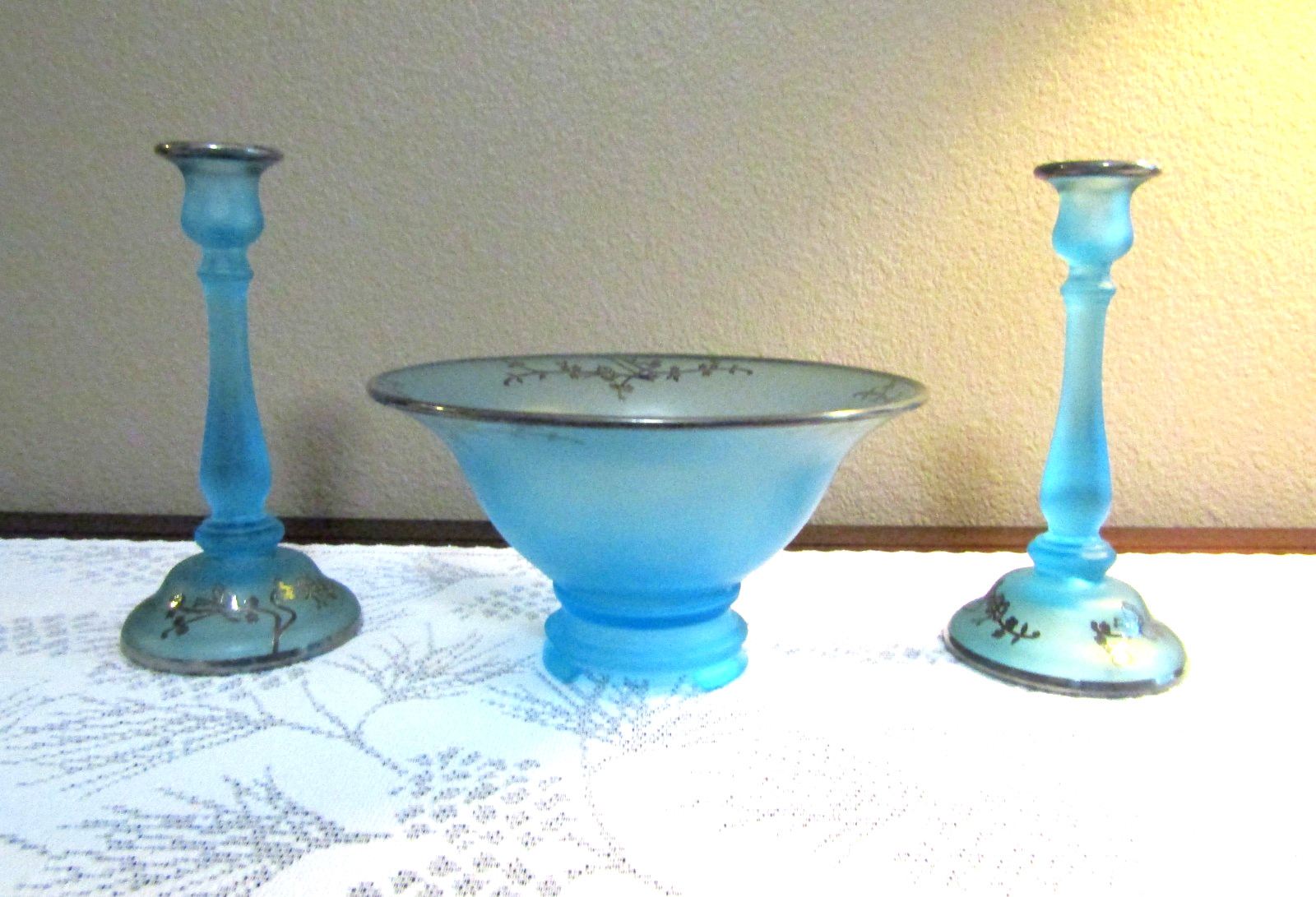 Tiffin Sky Blue Satin Glass CONSOLE BOWL & CANDLESTICK HOLDERS / Silver Overlay