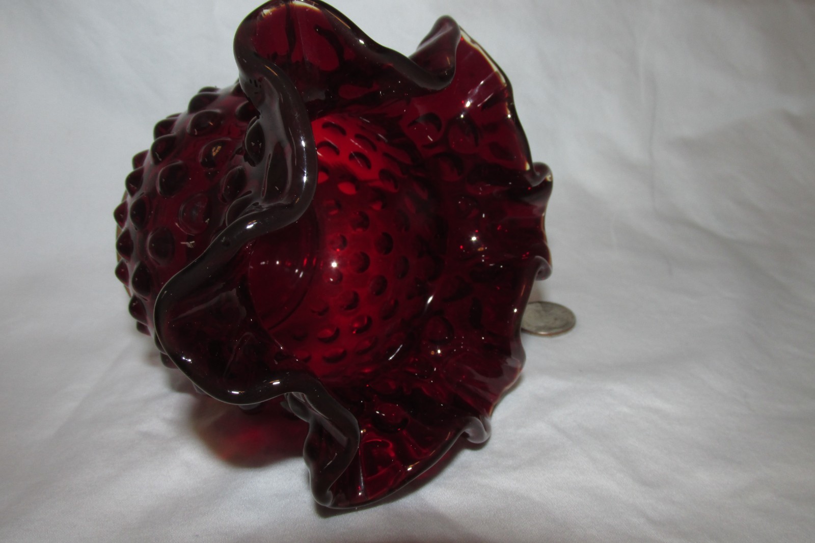 Vintage Fenton Dark Ruby Red Hobnail Ruffled Vase 3 Inch tall, Fenton stamp