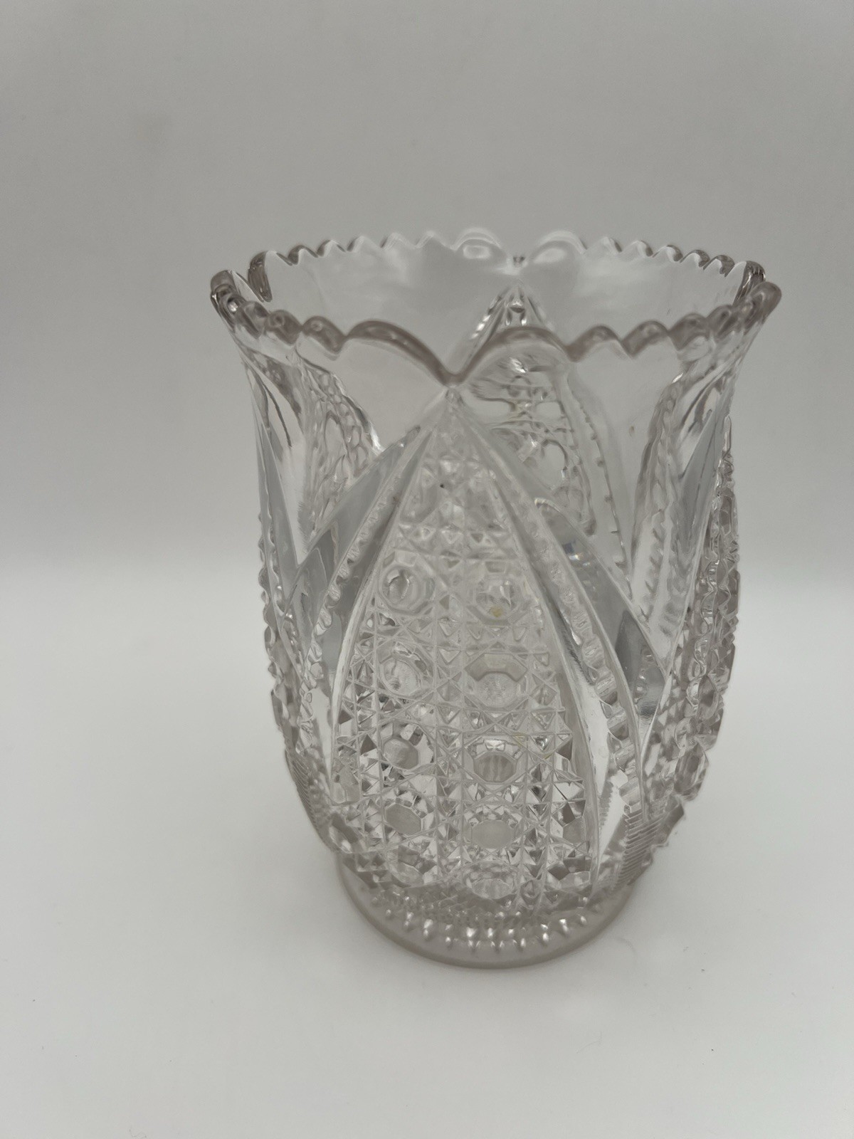 Vintage Cut Glass Crystal Hurricane Candle Holder Vase Scalloped Rim