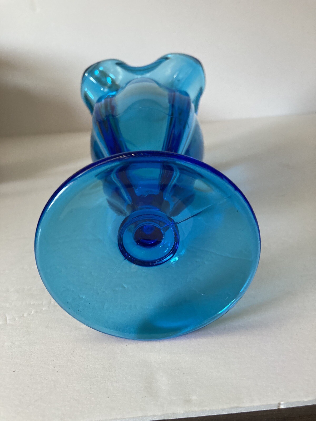 Vintage Optic Rib Blue Blown Glass Vase Four Edge Turnip Ruffled Edge 9 Inches