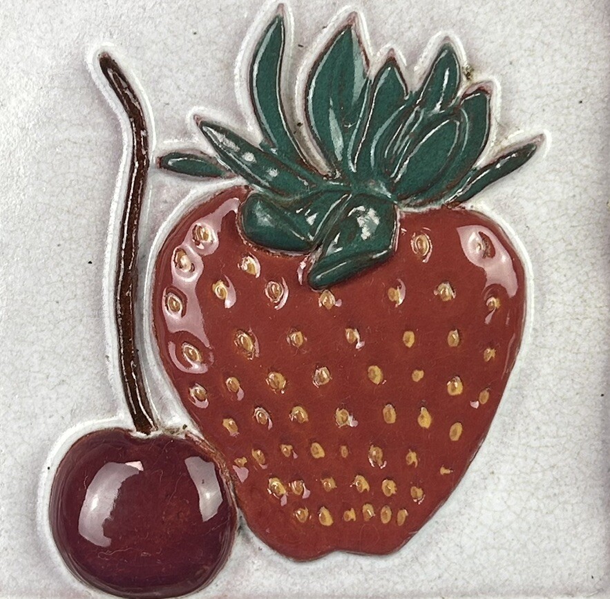 Vintage Artisan Ceramic Strawberry Cherry Pottery Tile Handmade Wall Hanging 3-D