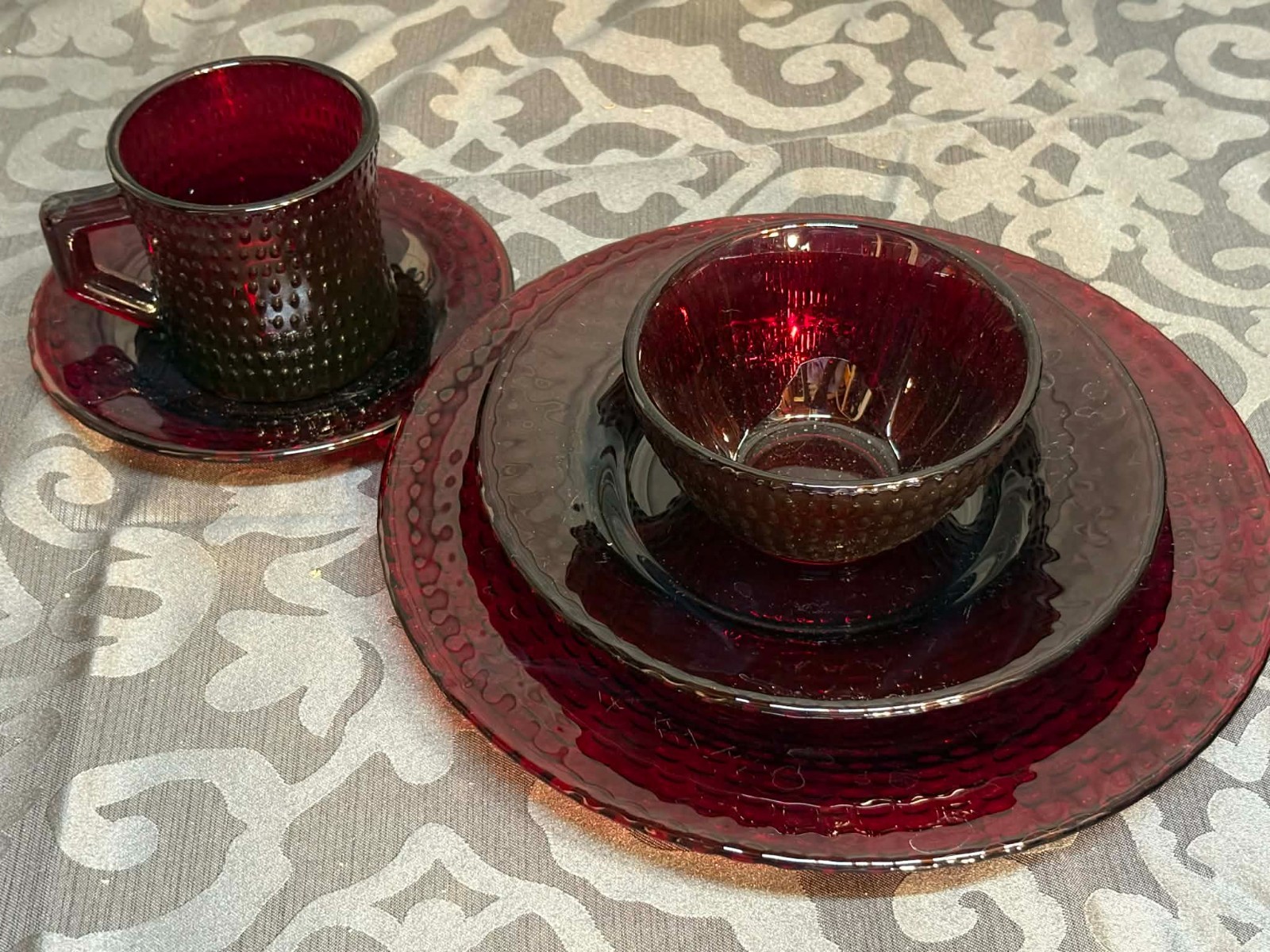 Vintage Ruby Red Glass Dinnerware: Hobnail Basket Weave 20pc Set