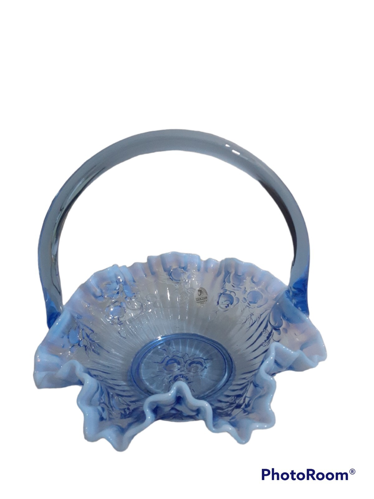 Fenton Glass Bride Basket Raffled Lavender Blue Opalescent Cabbage Rose Vintage