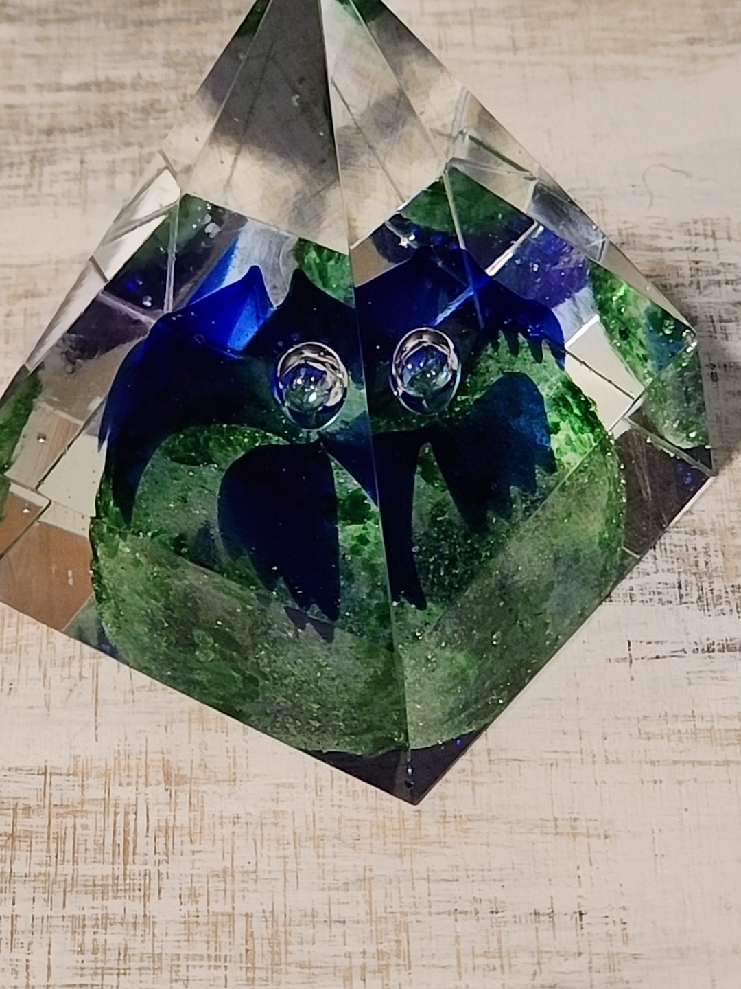 Vintage glass Pyramid sphere Paperweight Cobalt Blue Flower Controlled Bubble