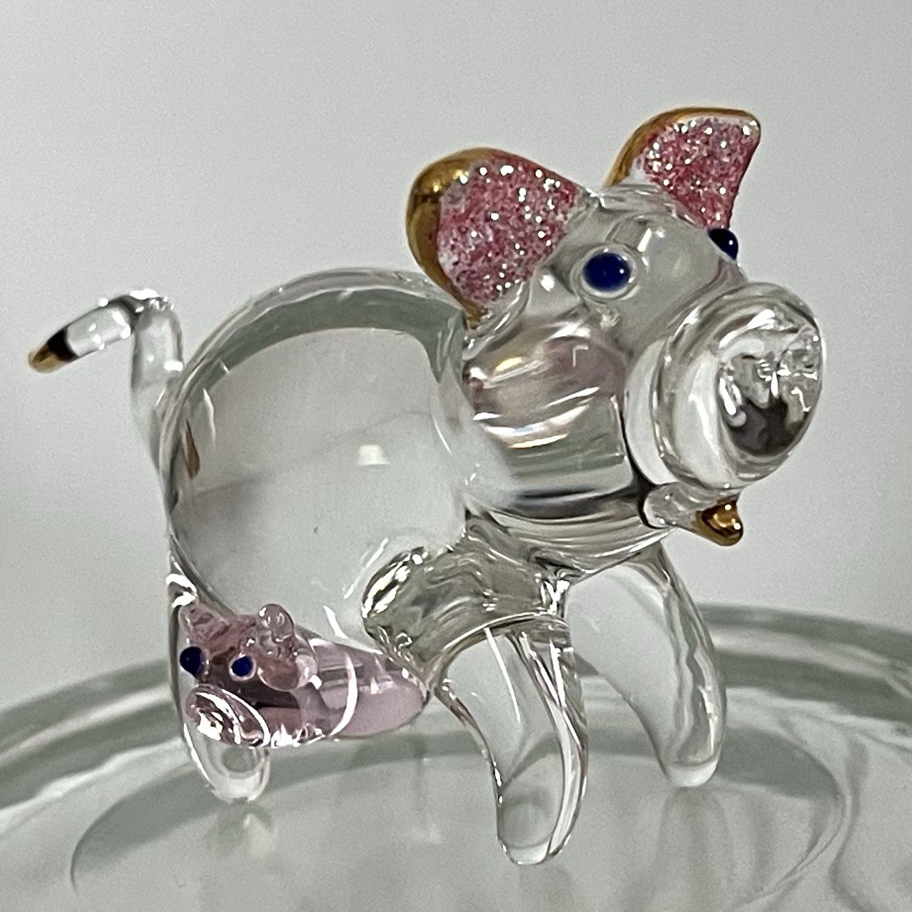 Vintage Solid Hand Blown Clear Glass Mother Pig & Pink Piglet Figurine 2”