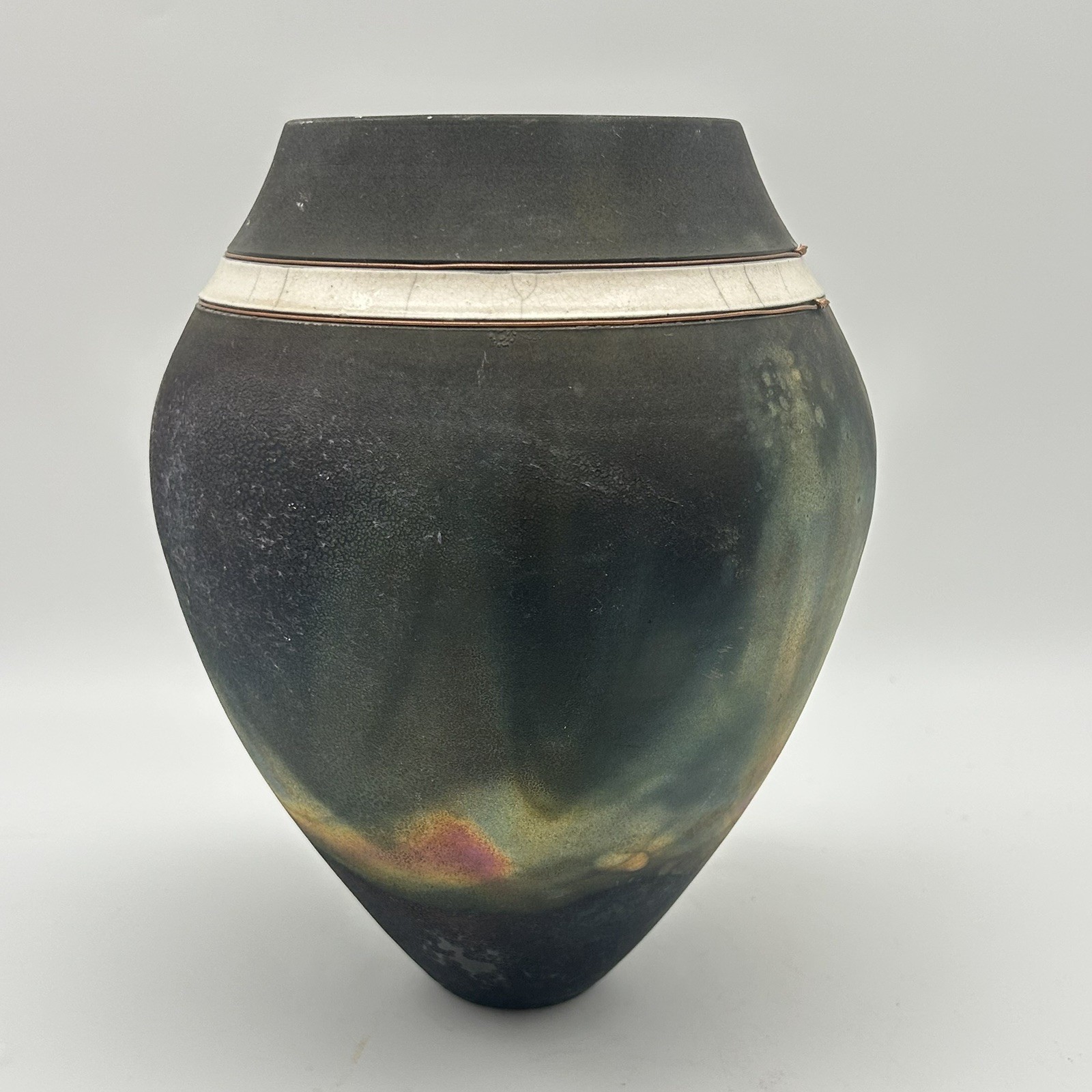 Unique Vintage Raku 8” Vase Crackled Tile And Copper Wire Inlays Artist Signed