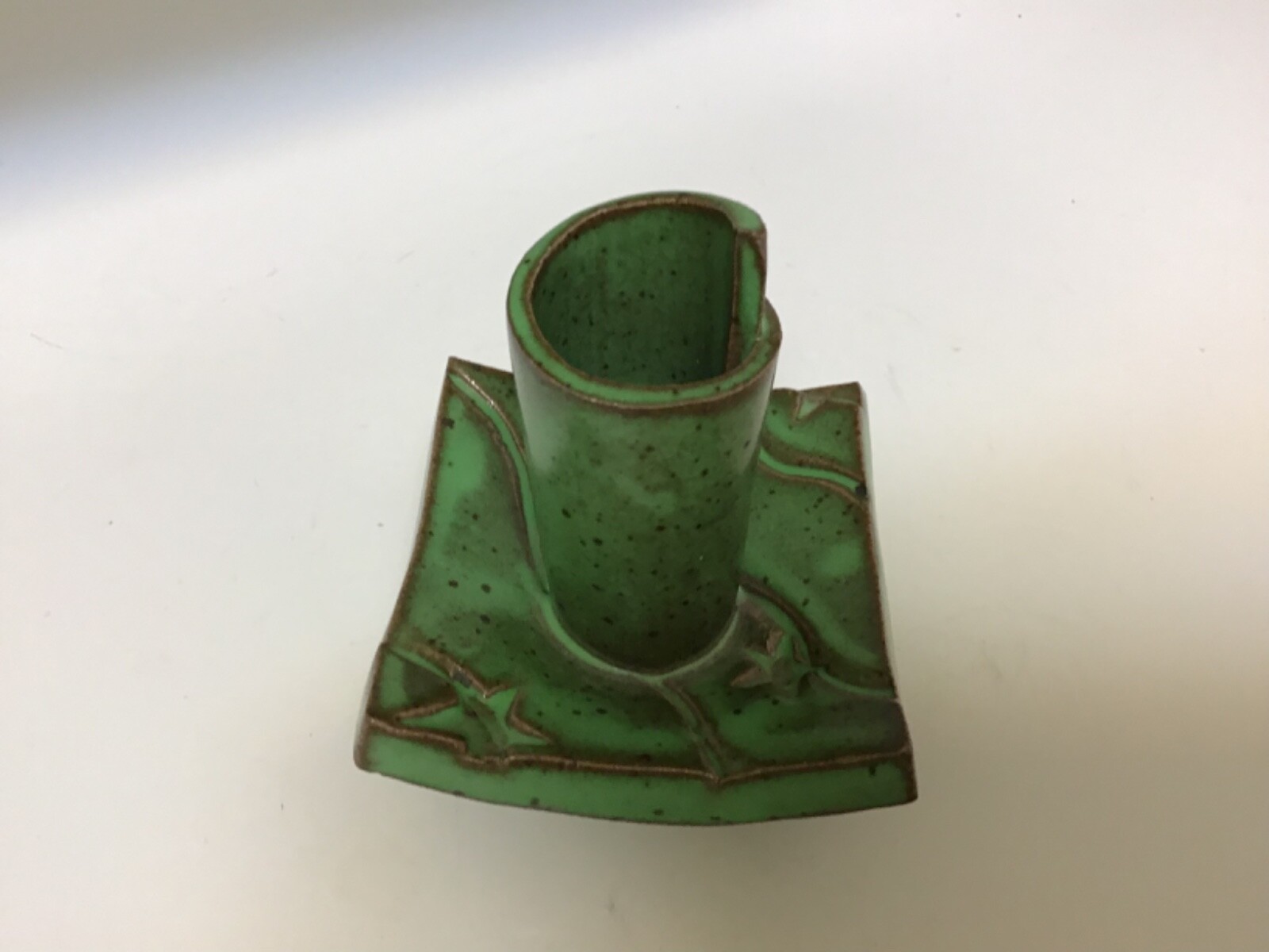 VTG MISSION/ARTS & CRAFTS DESIGN GREEN ART POTTERY CANDLESTICK ARTIST SIGNED