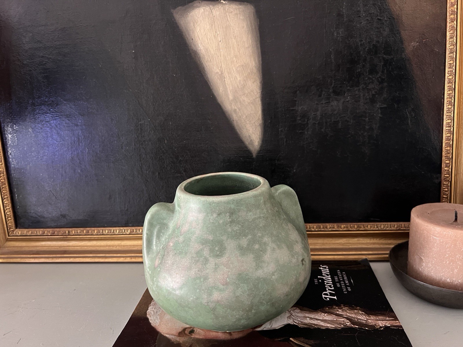 Vintage Brush McCoy Pottery Green Matte New Art Vellum Fawn Vase 1930’s 5″