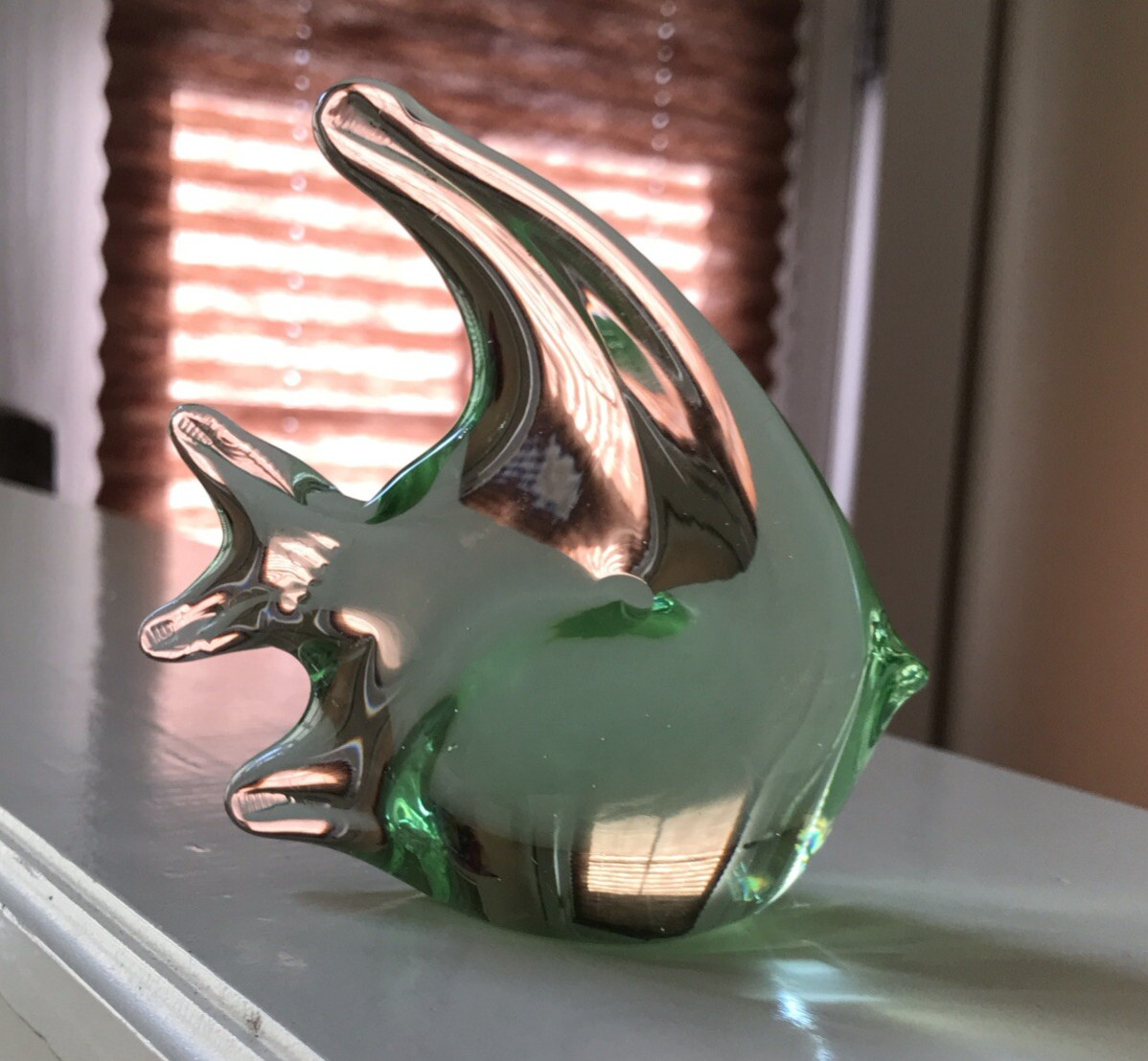Vintage Art Glass Angel Fish Figurine Paperweight Green Marinelife approx 4×4″