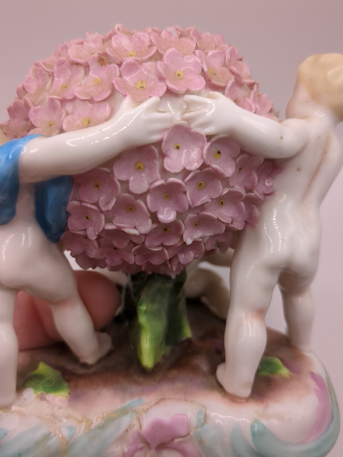 Antique German Porcelain Schneeballen Snowball Cherub Angel Vase W Damage READ
