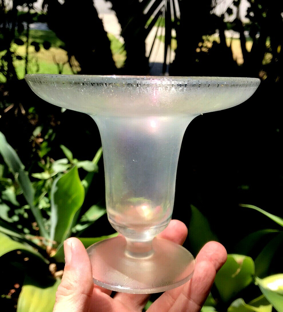 Vtg U.S. Glass (Tiffin) Stretch Glass Iridescent Flat Topped Footed Vase 5in T