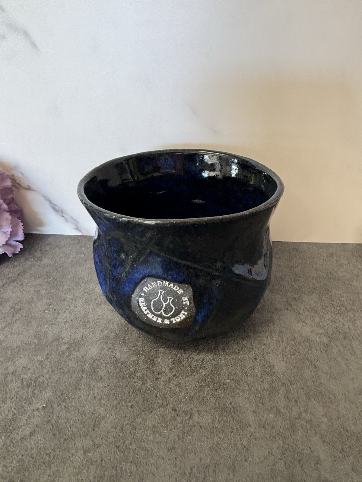 Handmade Ceramic Small Vase On Dark Clay With Deep Blue/ Black Glaze W/ Texture
