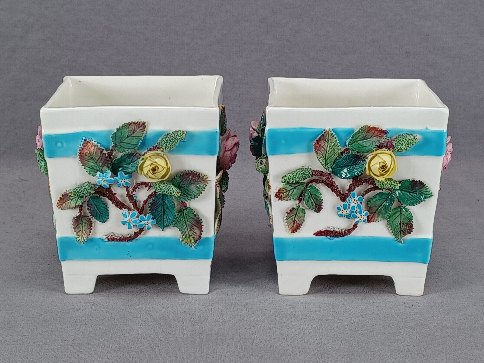 Pair of 19th Century British Rose Encrusted Turquoise Bone China Small Cachepots
