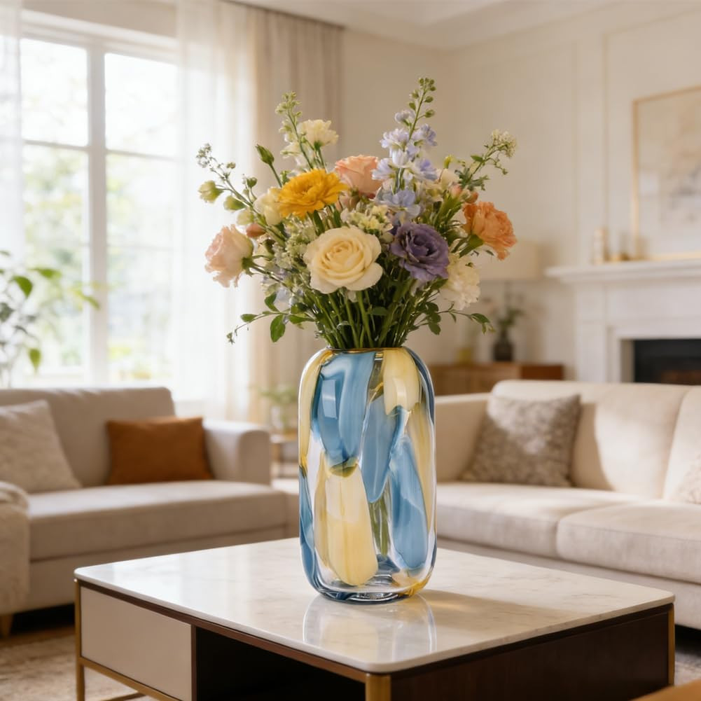 Hand Blown Blue Glass Vase – 12.6″ Decorative Centerpiece for Home Decor