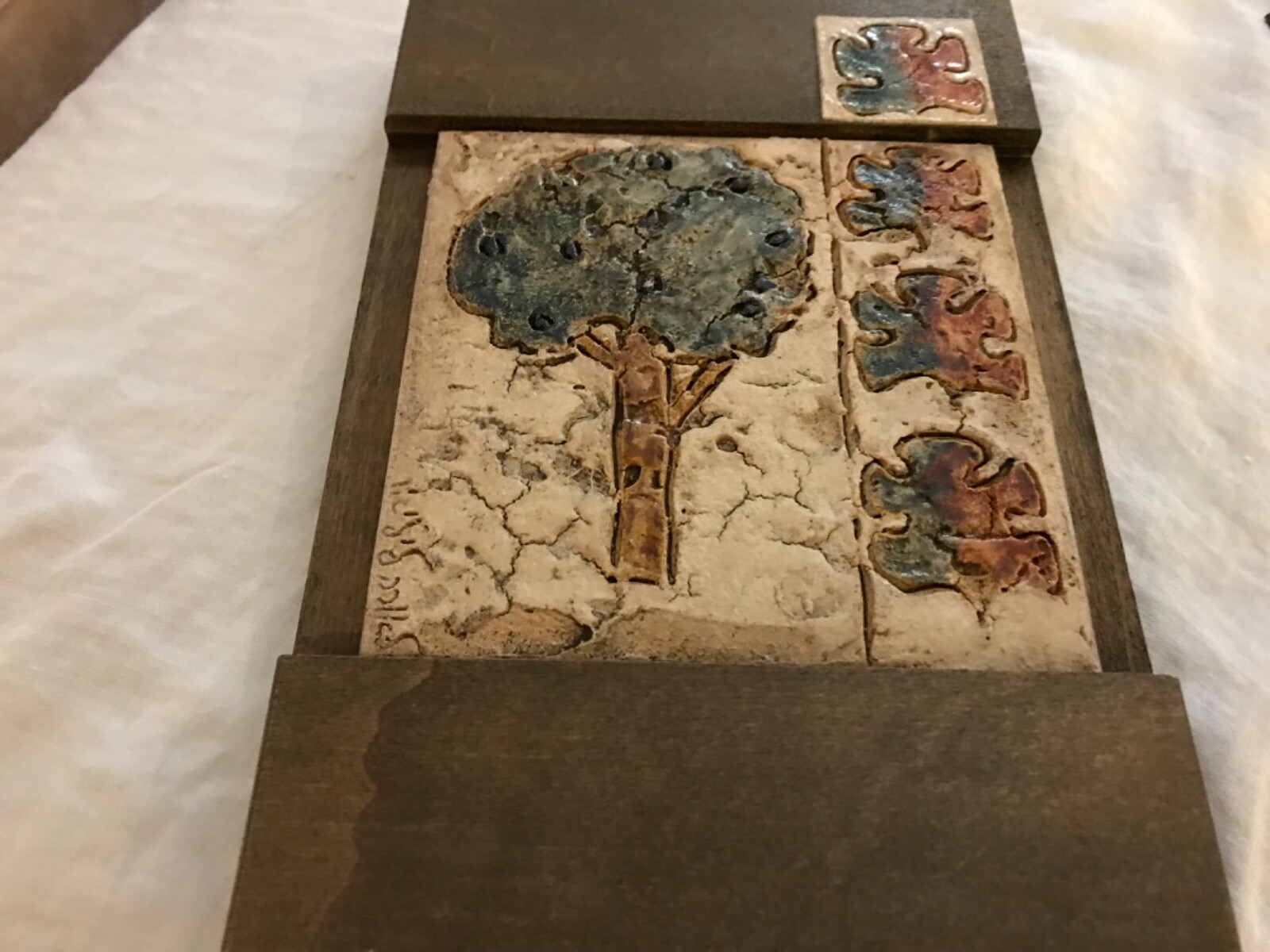 mid century modern signed tile art pottery plaque trees leaves abstract unknown