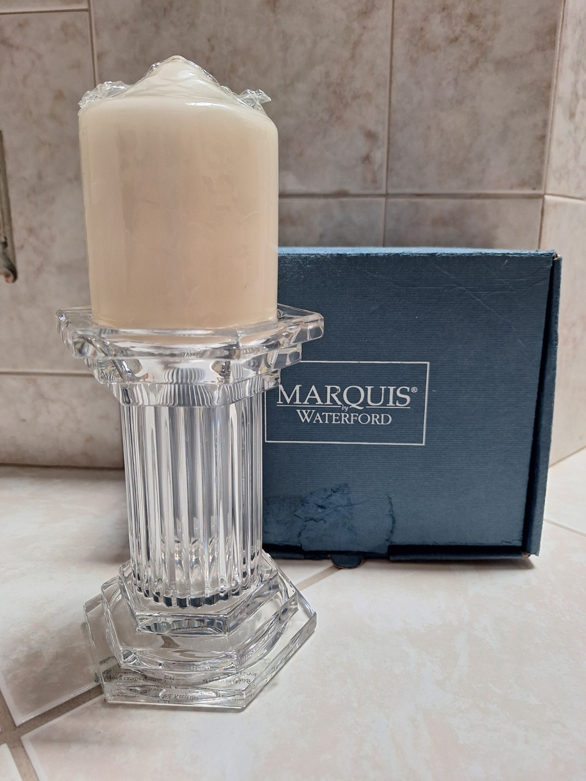 Beautiful MARQUIS by WATERFORD CRYSTAL TRIUMPHE 6″ PILLAR CANDLE & HOLDER-New