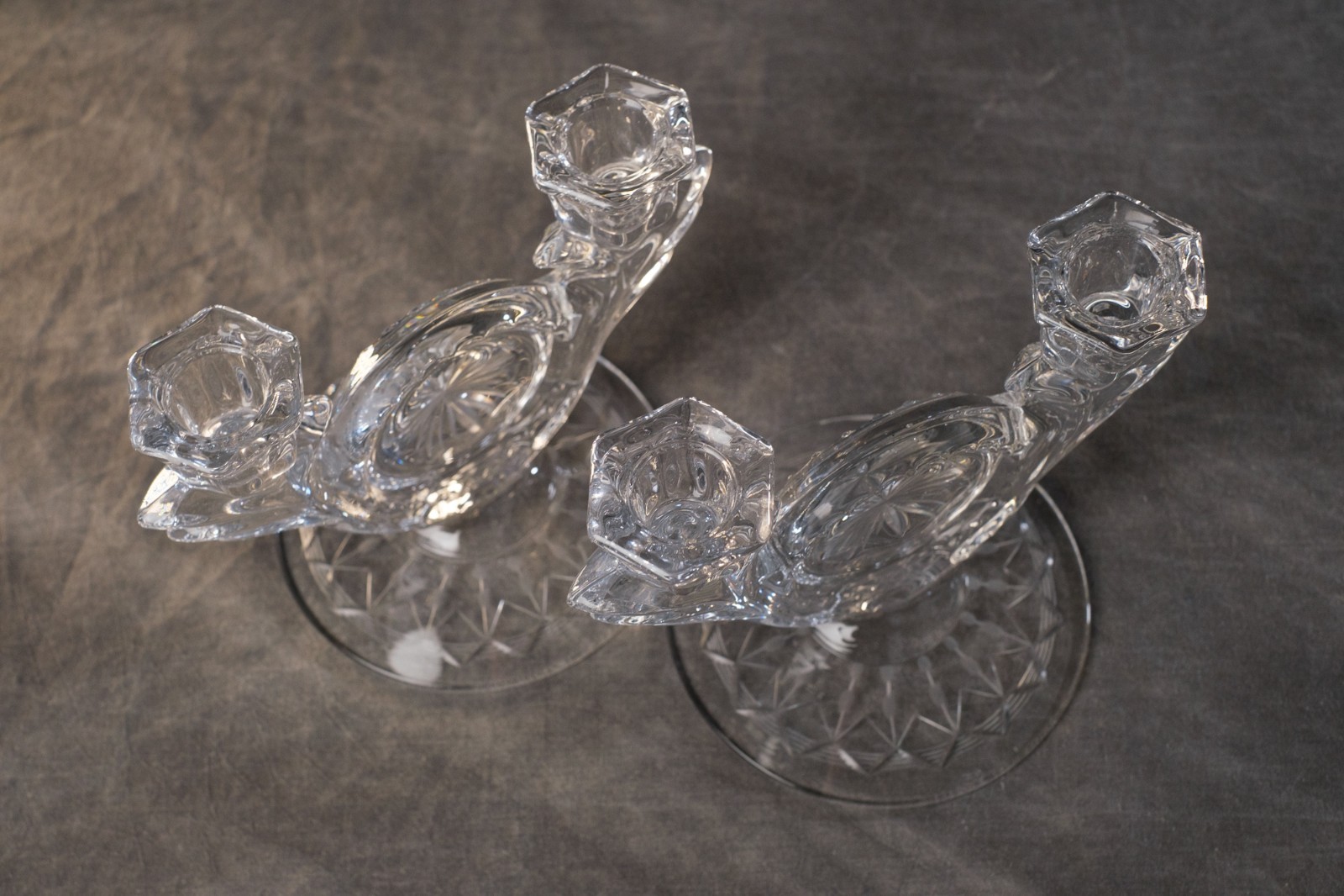 DUNCAN & MILLER Double Light Candlestick Holder Clear Crystal Wheel Cut-Set of 2