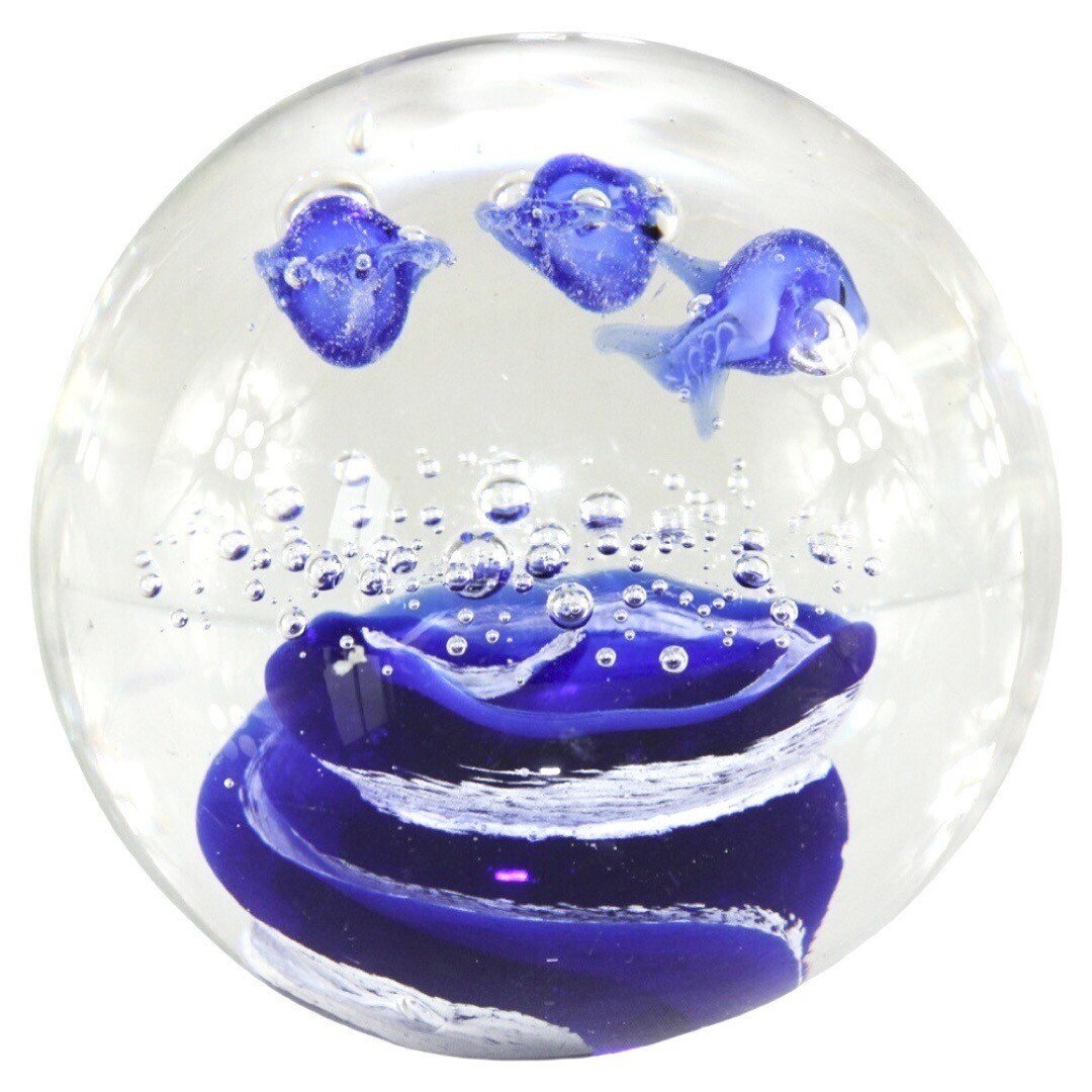 Vintage Hand Blown Glass Art Blue Ocean Clear Swirl Bubbles Fish Paperweight 3″