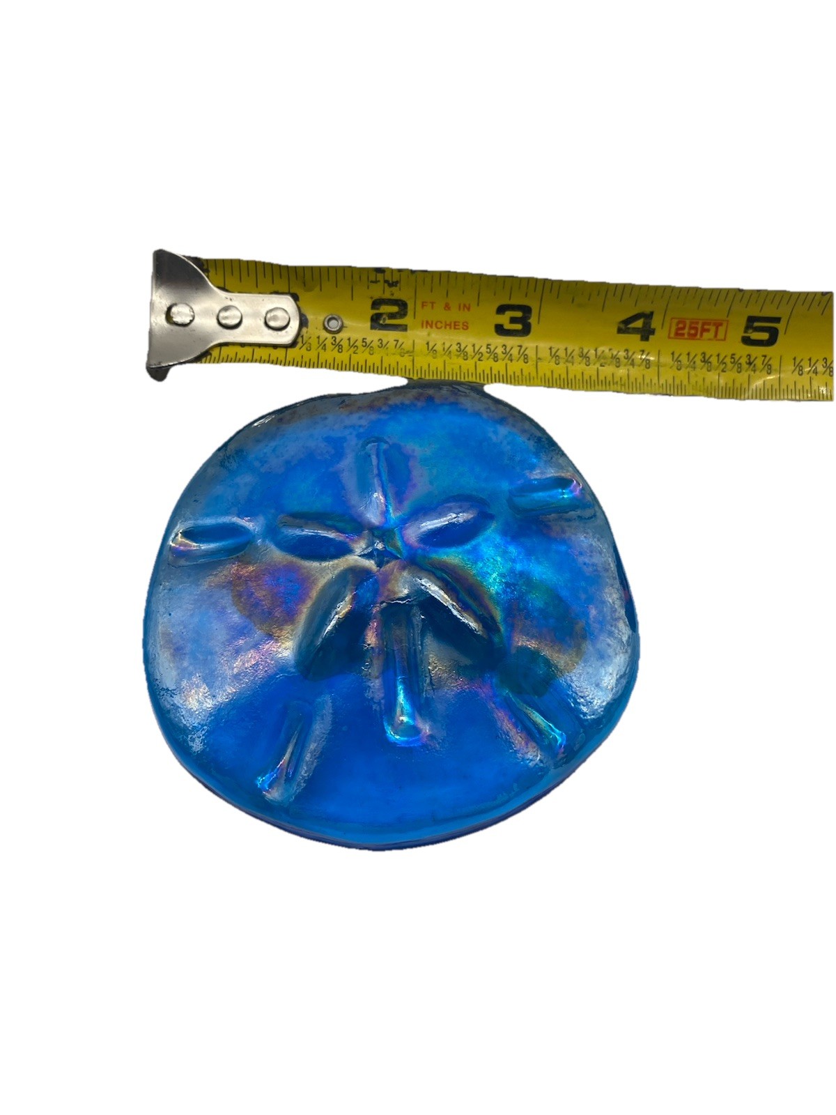 VINTAGE 3.5″ IRIDESCENT BLUE CARNIVAL ART GLASS SAND DOLLAR PAPERWEIGHT