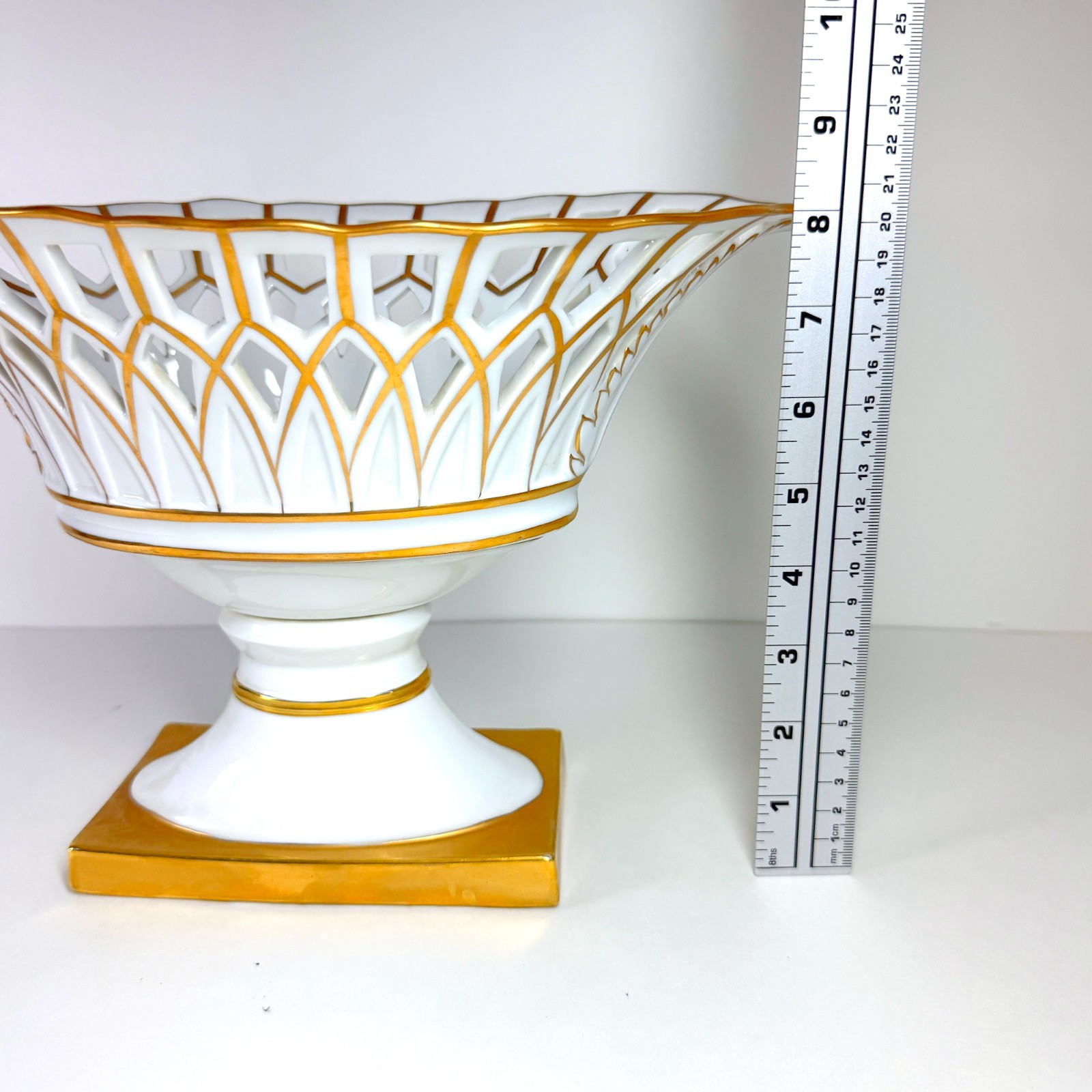 Vintage White & Gold Pierced Porcelain Basket Compote Centerpiece Bowl