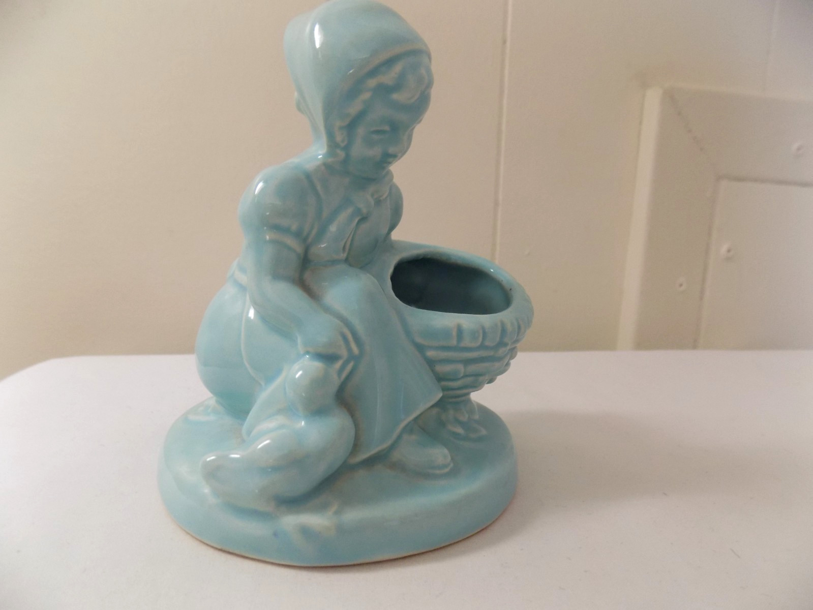 Vintage 1930s Blue Pottery Child W/Duck 5 Inch Figural Cactus Pot Planter