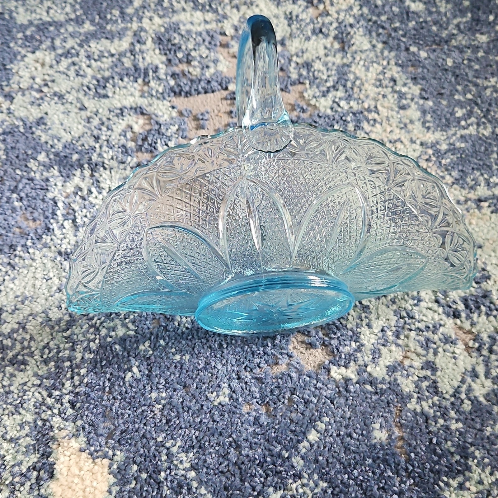 Blue Pressed Glass Decorative Basket Oval Starburst Pattern With Handle