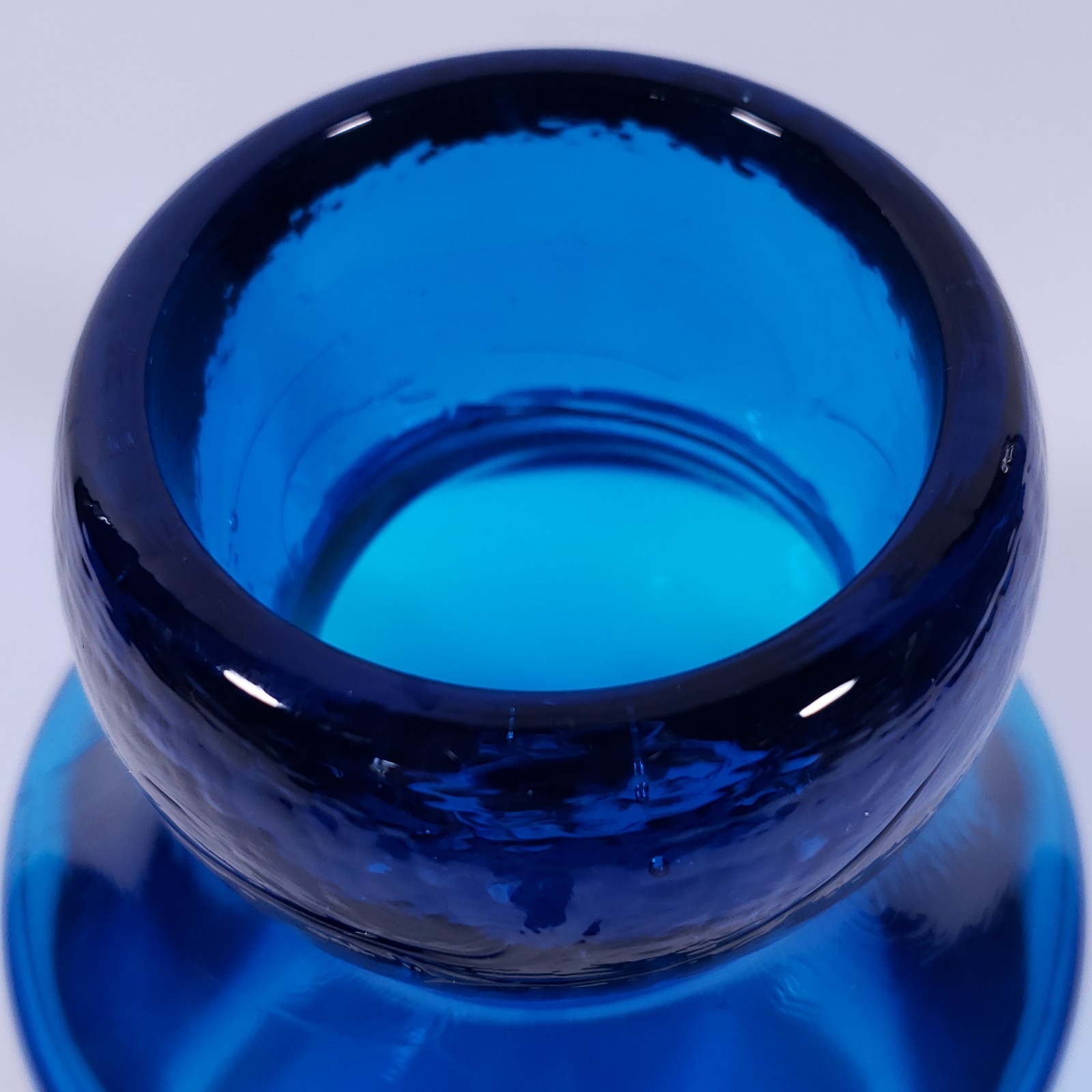 LARGE MCM Aquamarine Sapphire Blue Thick Heavy Blown Art GLASS JUG BOTTLE VASE